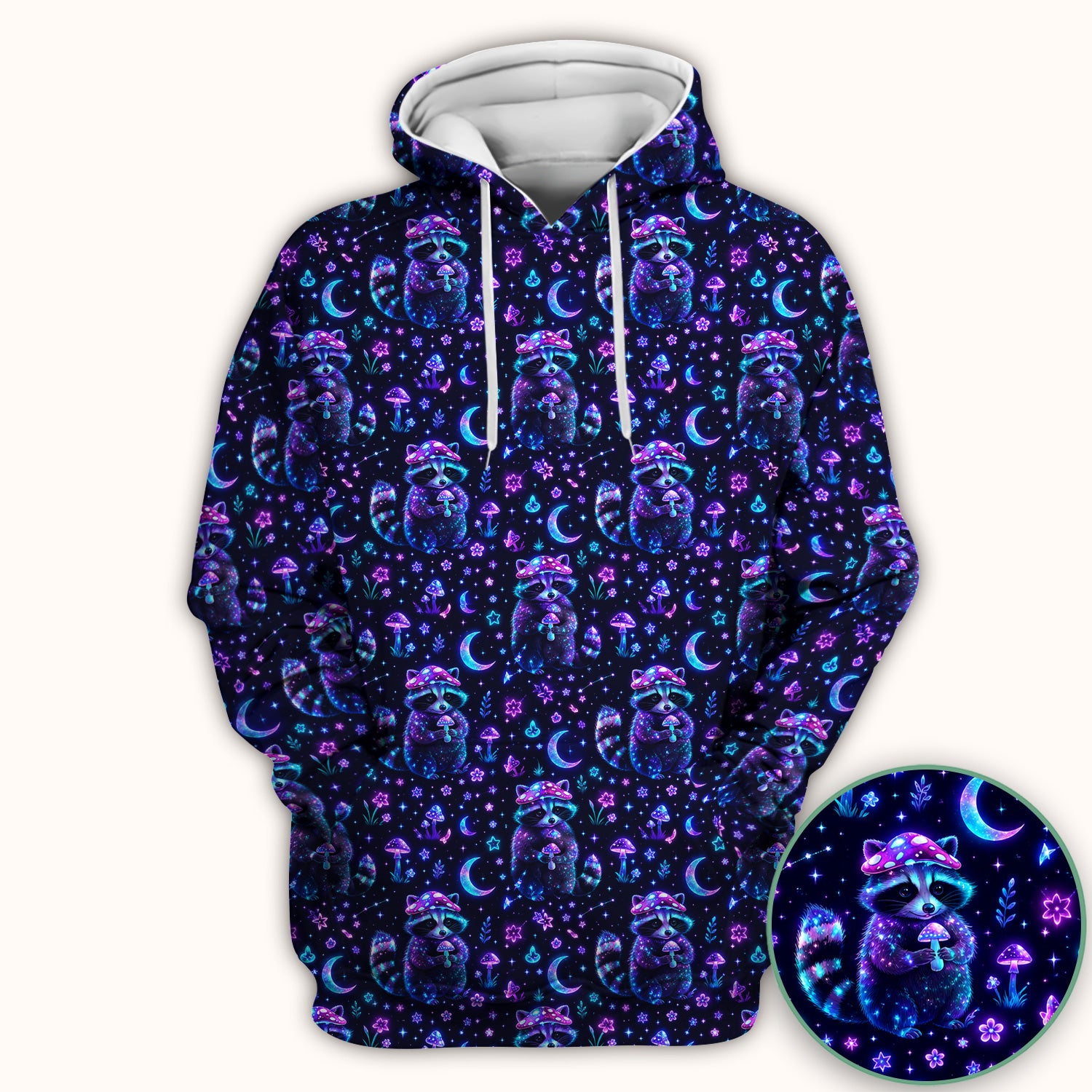 Neon Mushroom Raccoon Moonlight Pattern Scrub Top, Comfortable Scrubs for Nurses