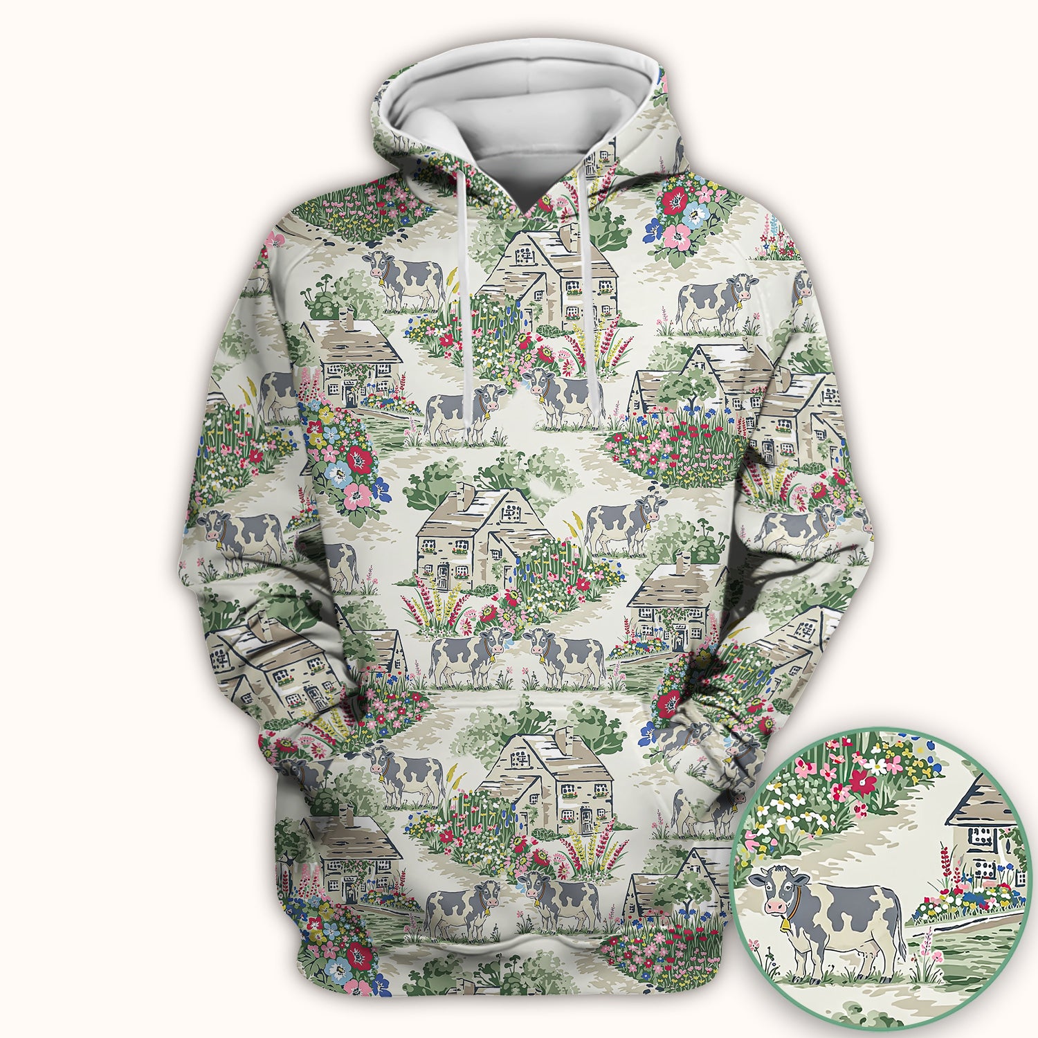 Charming Countryside Cows Cottage Garden Pattern Scrub Top, Comfortable Scrubs for Nurses