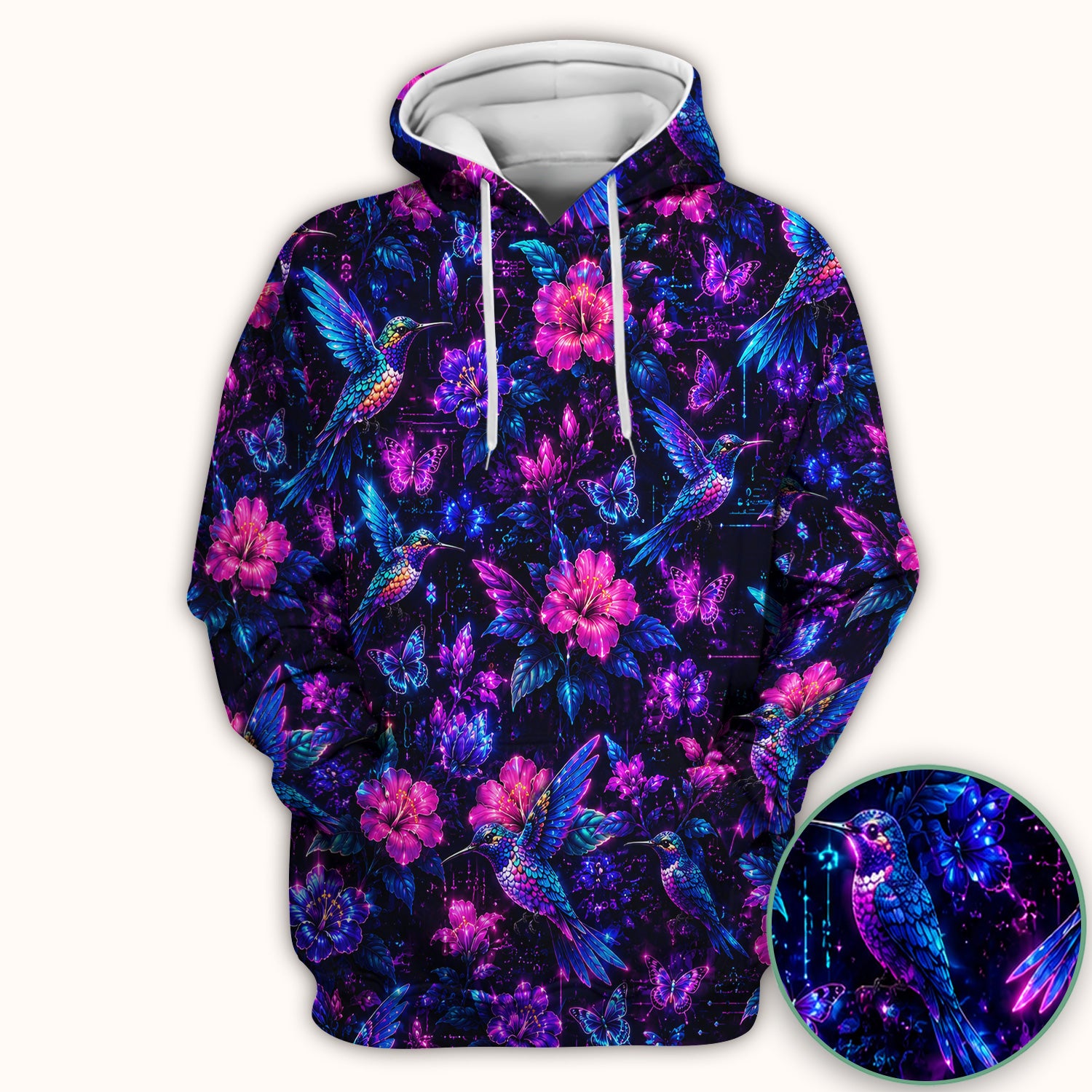 Neon Hummingbird Butterfly Bloom Pattern Scrub Top, Comfortable Scrubs for Nurses