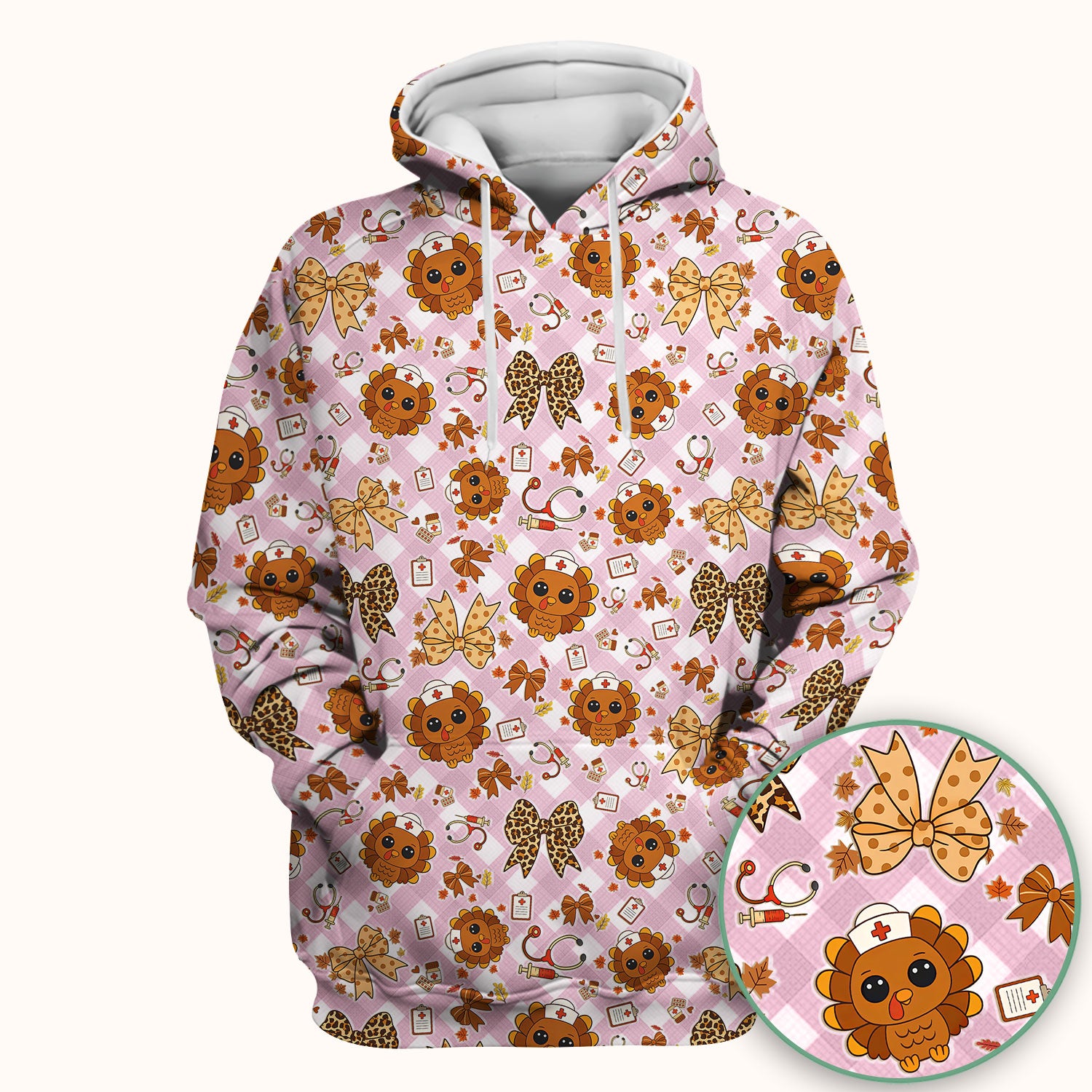 Thanksgiving Turkey Scrub Top for Nurses - Cute Fall Leaves and Bow Shirt - Funny Autumn Nursing Gift for Women RN LPN CNA