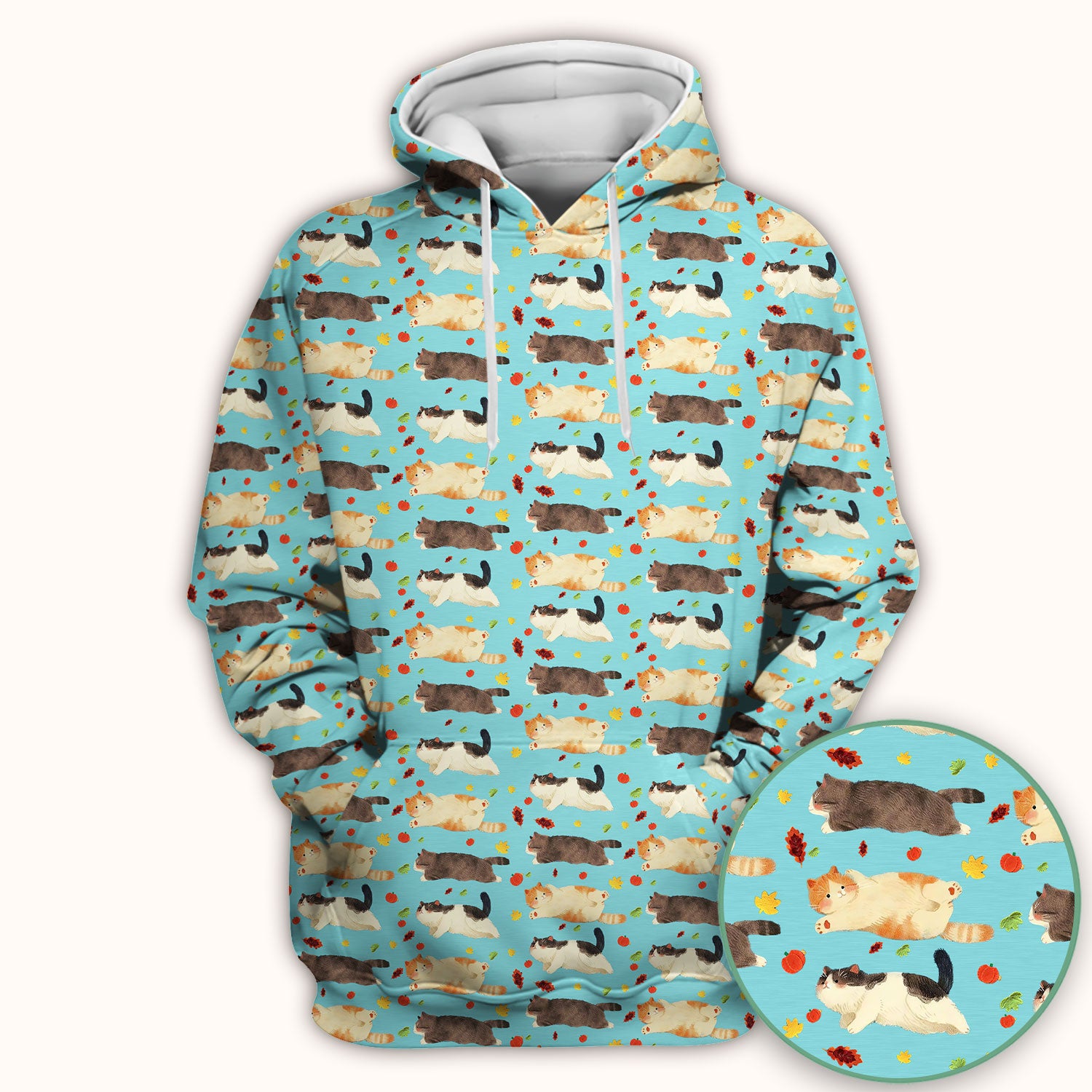 Chubby Cat Autumn Leaves Print Scrub Top, Breathable Fabrics Nursing Uniform