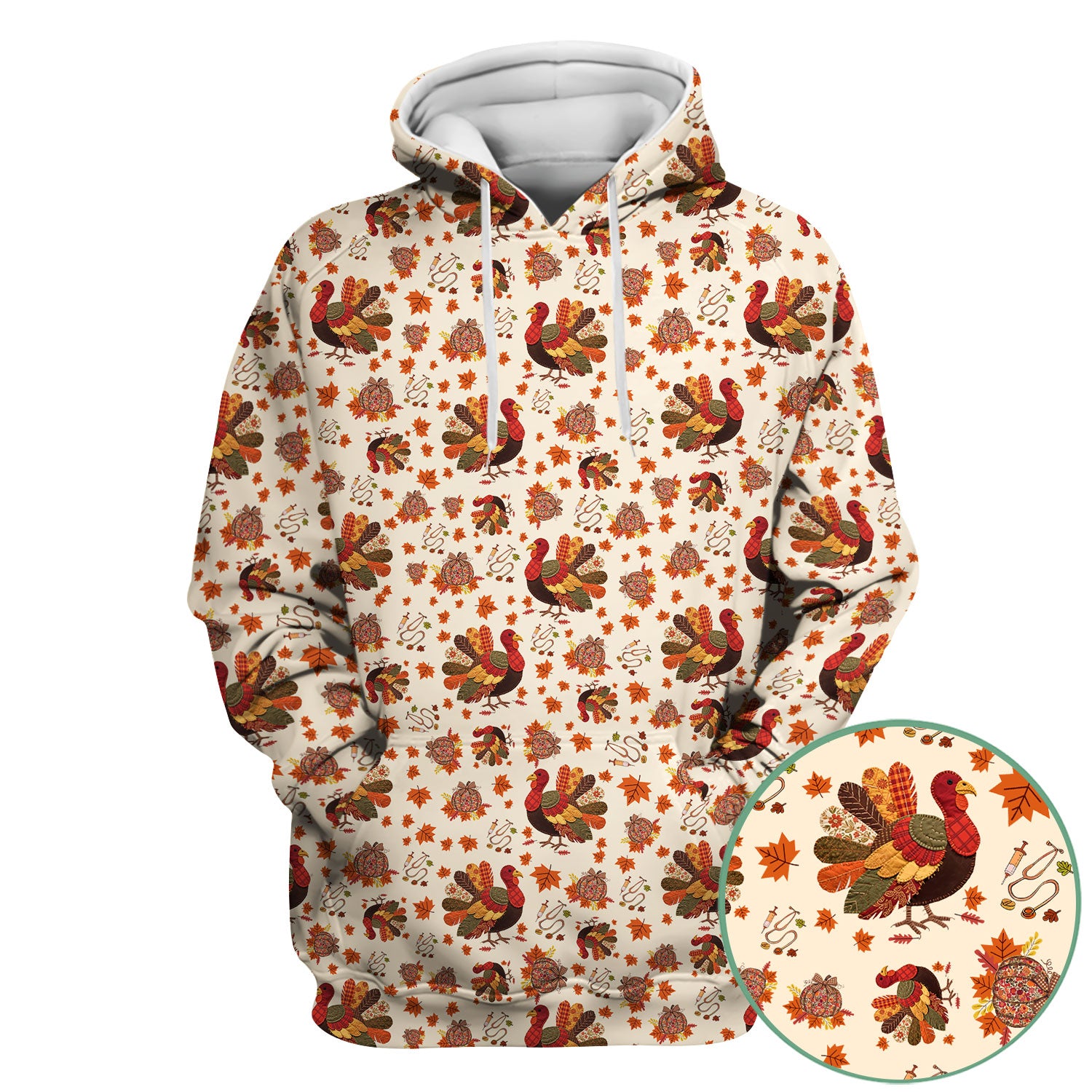 Thanksgiving Turkey Nurse Scrub Top for Women - Fall Leaves Pattern Shirts - Autumn Nursing Uniform Gift for RN LPN CNA
