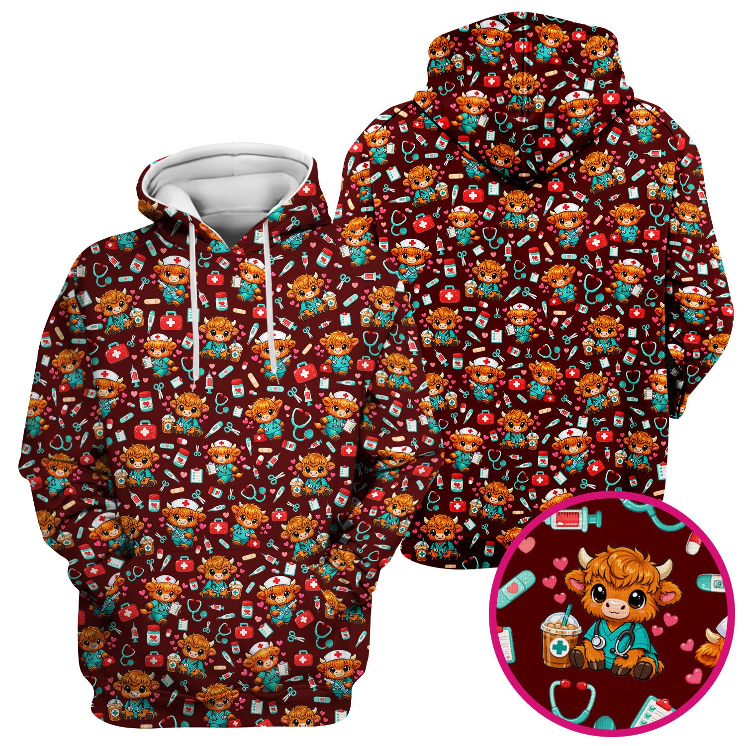 Cute Highland Cow Nurse Scrub Top, Kawaii Medical Pattern Shirt, Breathable Fabrics Nursing Uniform