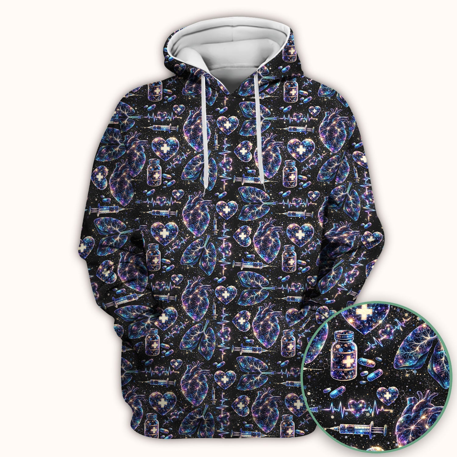 Galaxy Anatomical Heart Lung Syringe Print Scrub Top, Breathable Fabrics Nursing Uniform