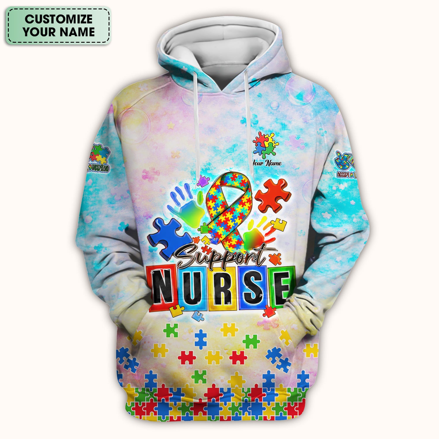 Personalized Inspirational Autism Awareness Nurse Puzzle Ribbon Pattern Scrub Top, Comfortable Scrubs For Nurses