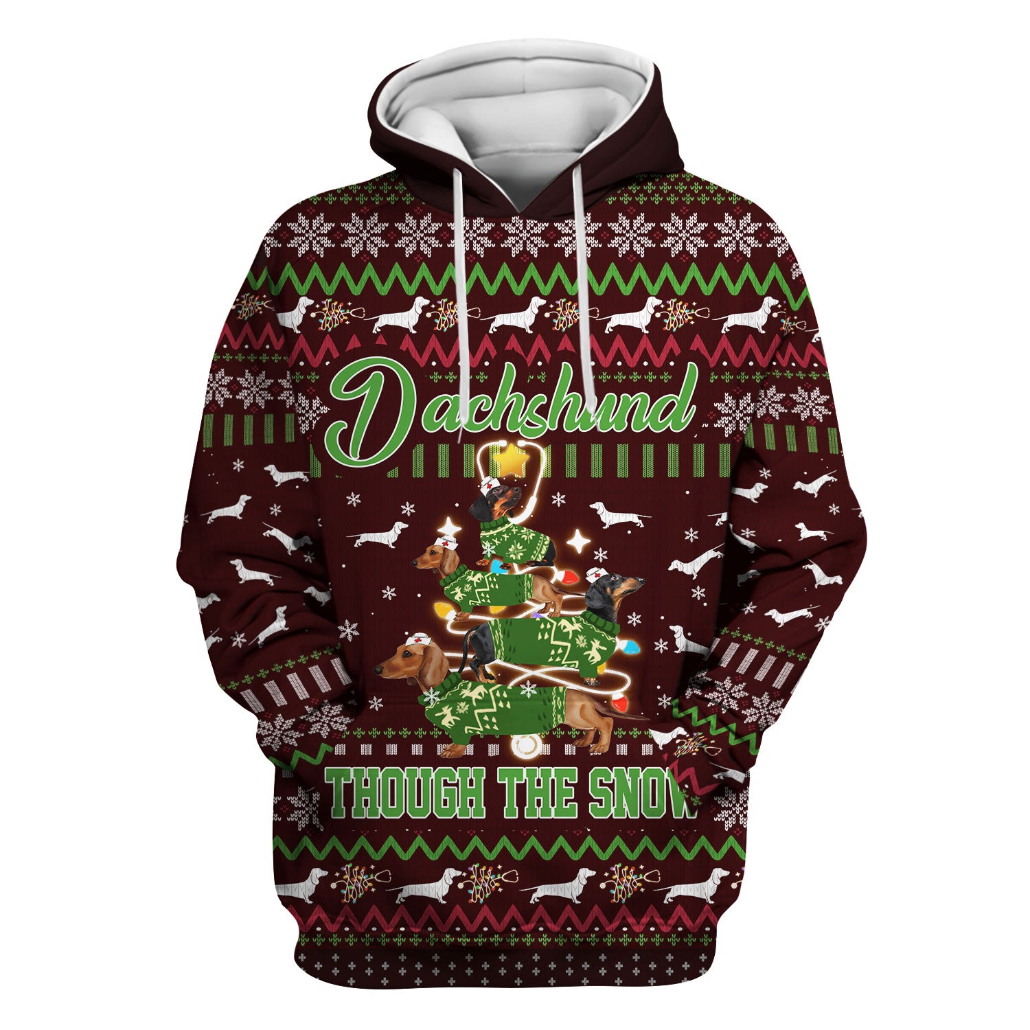 Dachshund Through The Snow Christmas Scrub Top - Funny Sausage Dog Xmas Tree Nurse Shirt - Cute Holiday Medical Uniform
