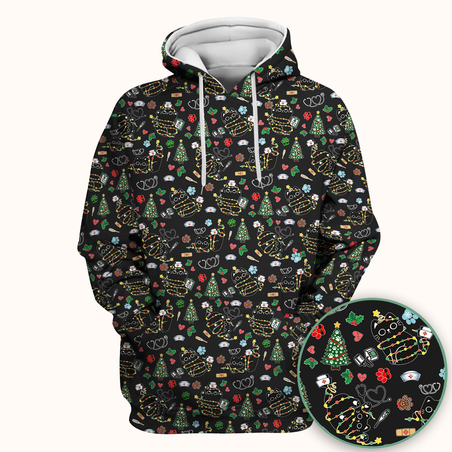 Funny Black Cat Christmas Scrub Top – Cute Holiday Kitty Pattern – Festive Medical Uniform for Nurses, Vets, and Cat Lovers
