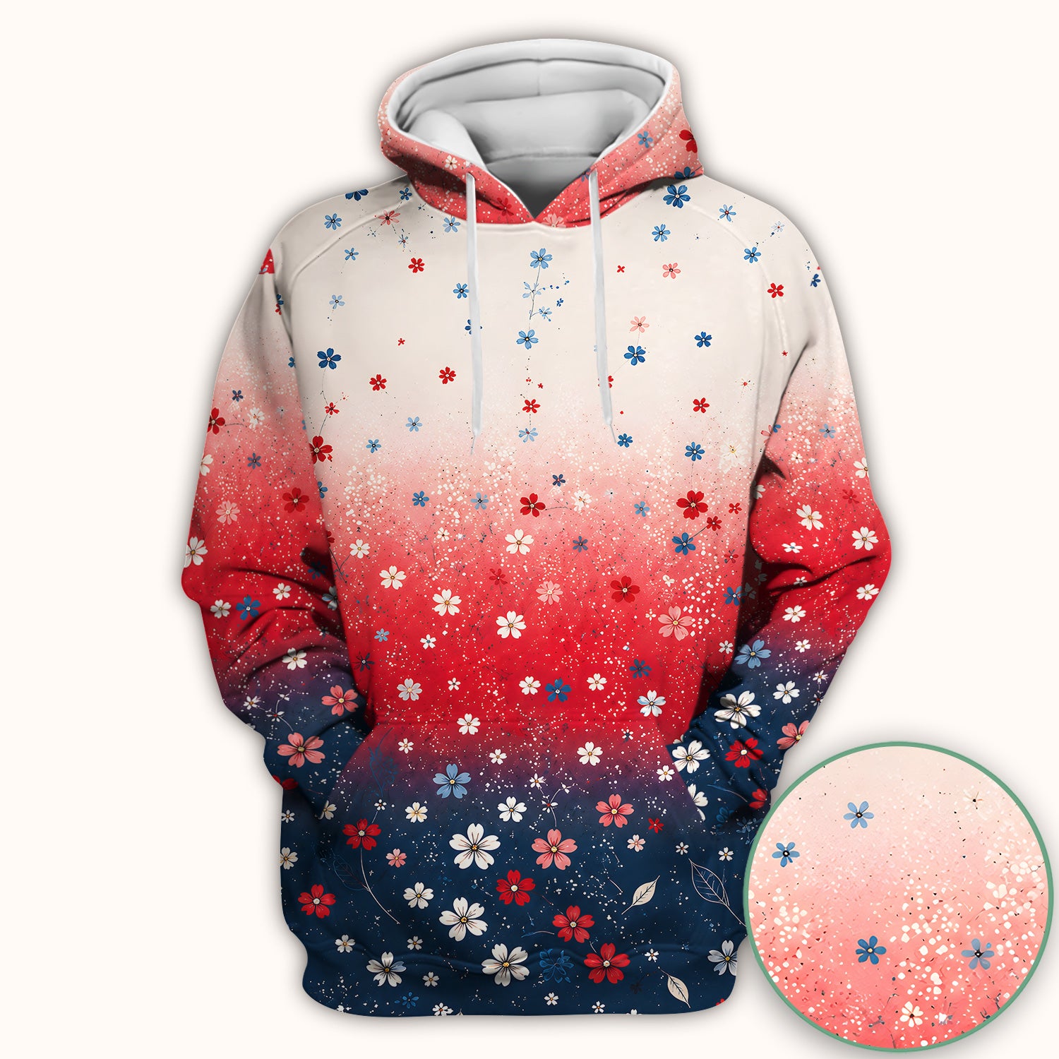 Patriotic Red White Blue Floral Ombre Print Scrub Top, Comfortable Scrubs for Nurses