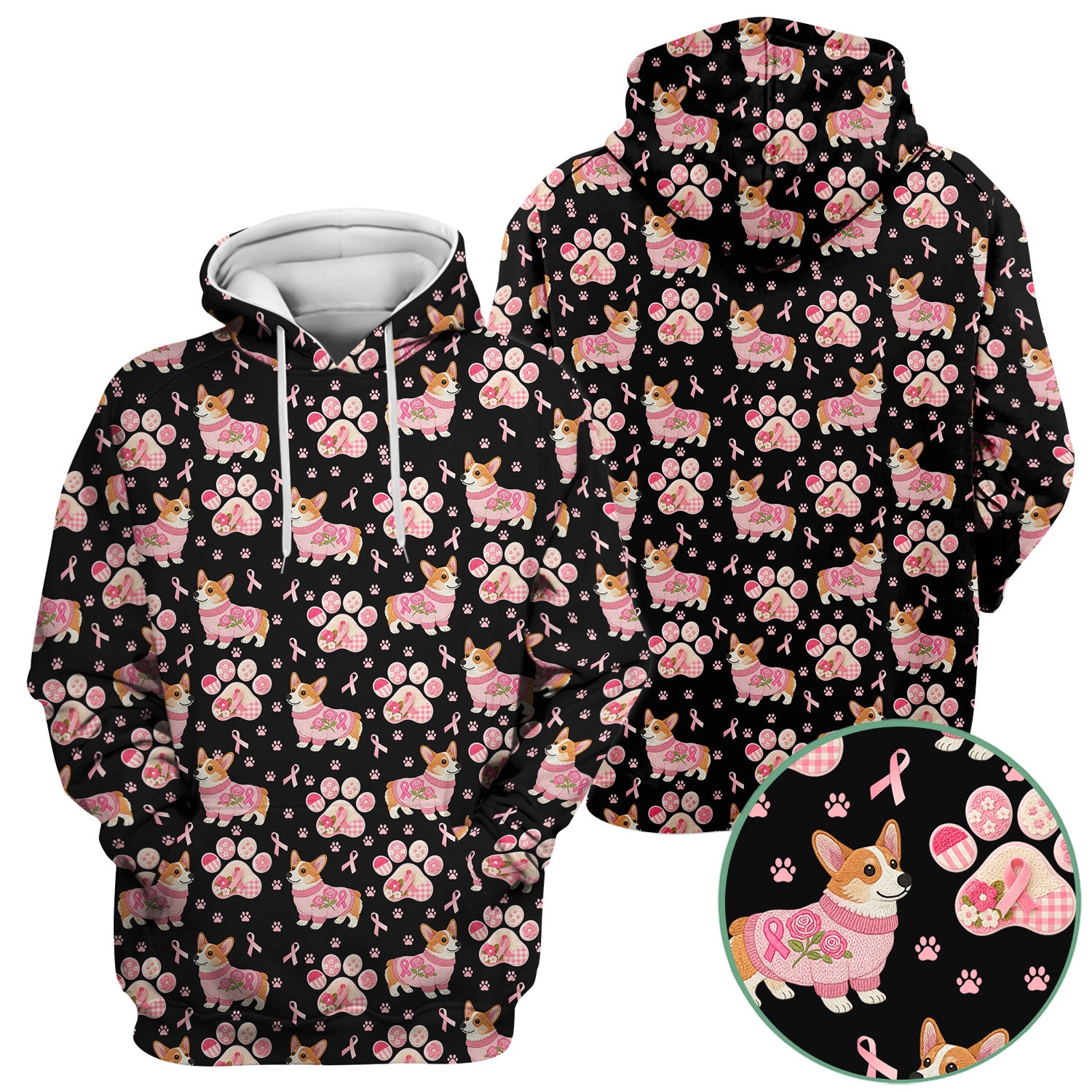 Corgi Pink Ribbon Scrub for Women - Breast Cancer Awareness Shirt - Floral Dog Paw Print Nursing Uniform - Support Gift