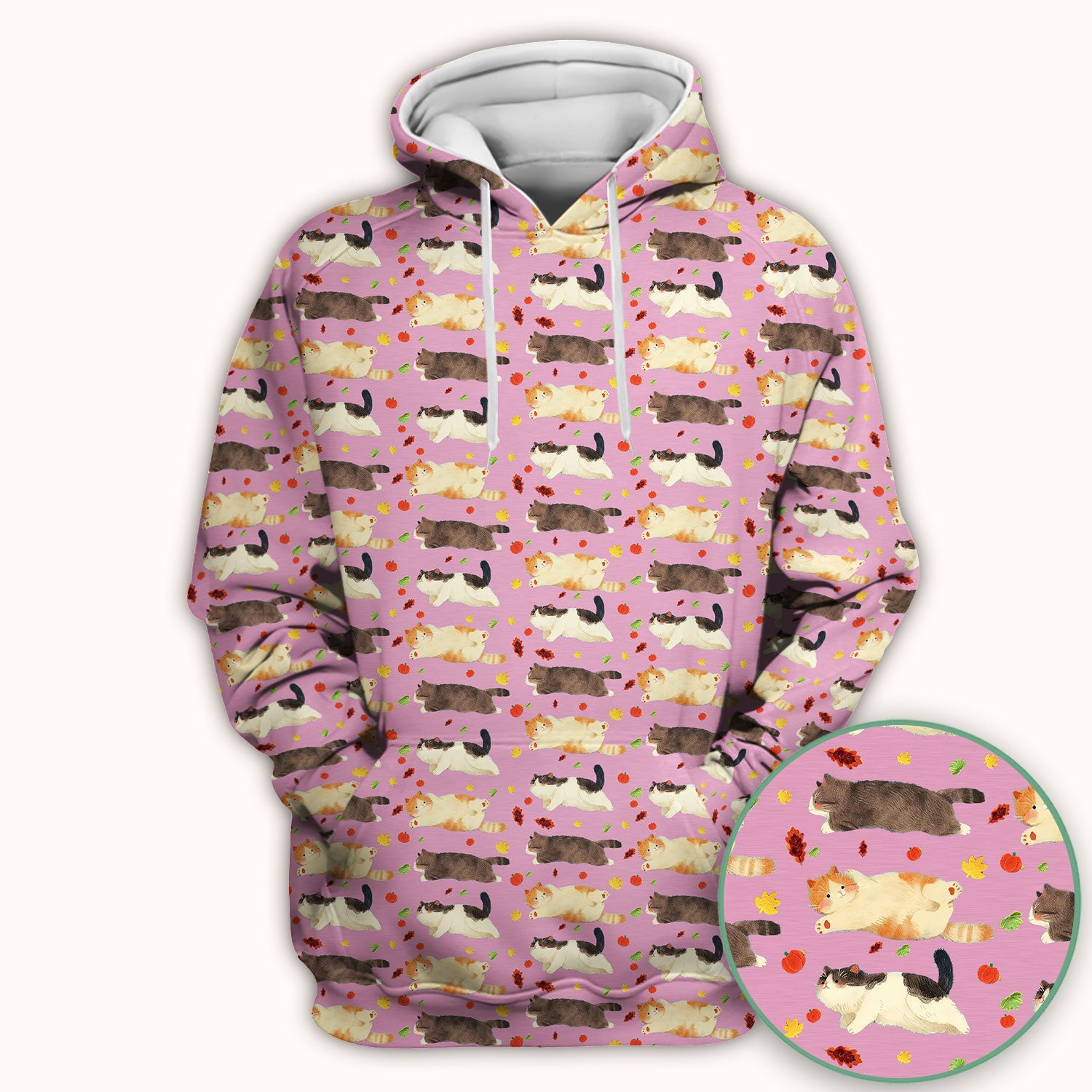 Chubby Cat Autumn Leaves Print Scrub Top, Breathable Fabrics Nursing Uniform