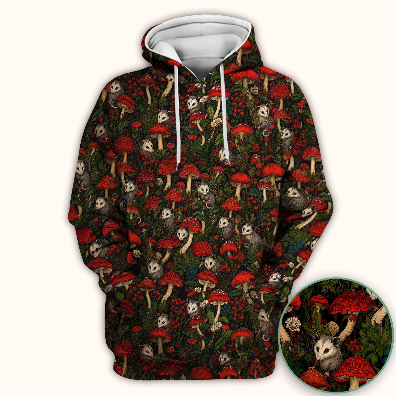 Woodland Opossum Red Mushroom Pattern Scrub Top, Comfortable Scrubs for Nurses