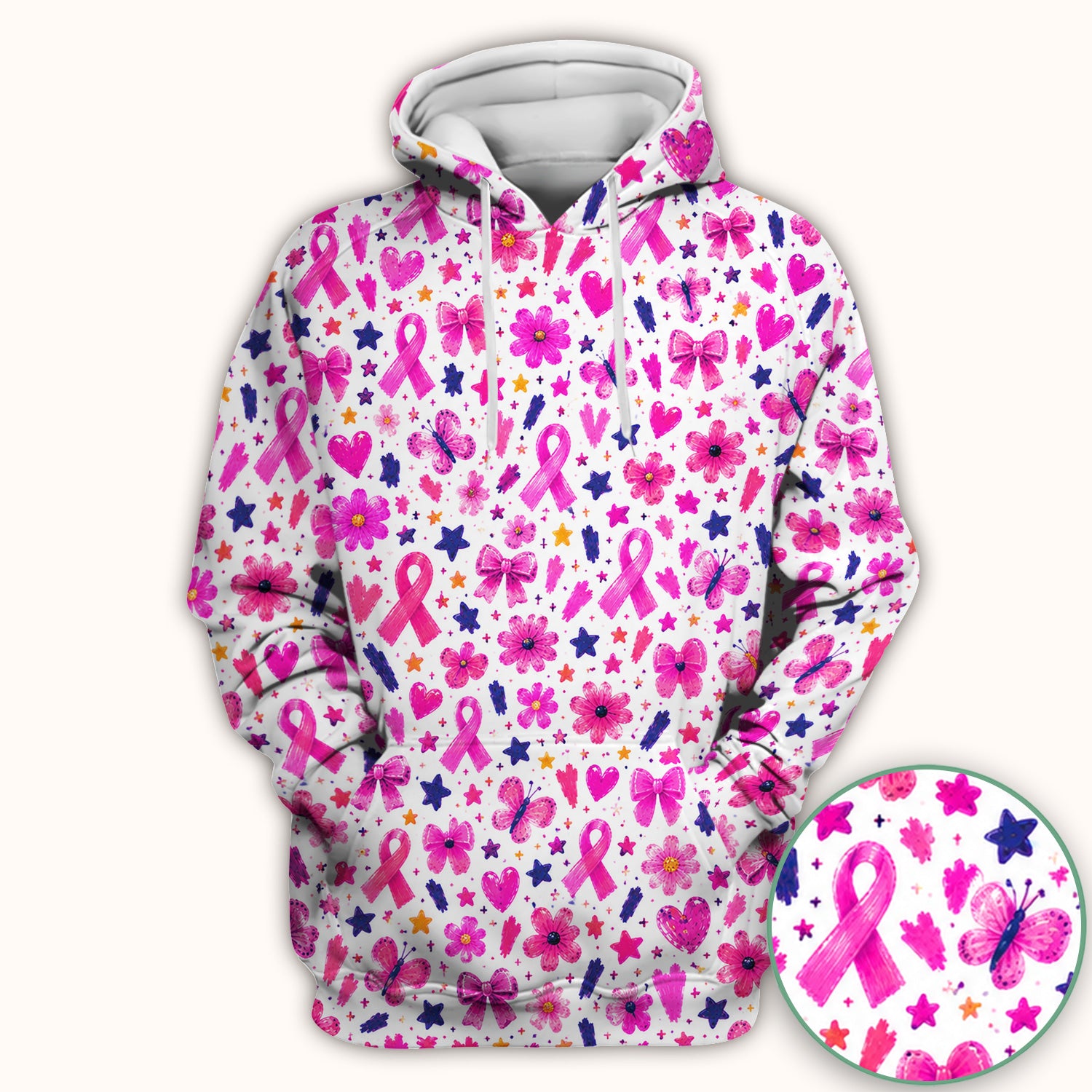 Pink Ribbon Floral Pattern Scrub Top, Comfortable Scrubs for Nurses