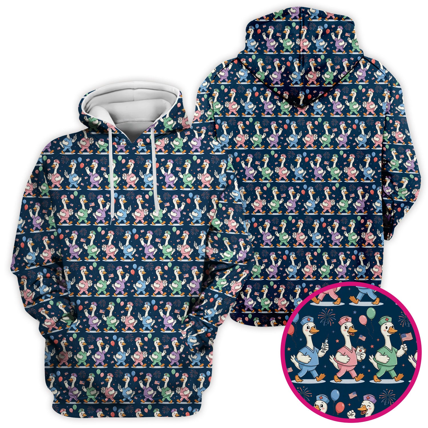 Cute Nurse Ducks Balloons Pattern Scrubs Top, Breathable Fabrics Nursing Uniform