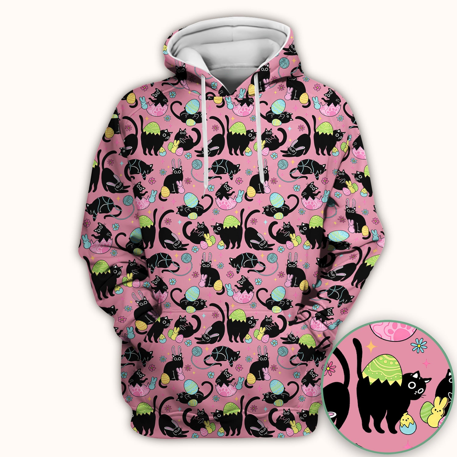 Funny Easter Black Cat Egg Pattern Scrub Top, Breathable Fabrics Nursing Uniform