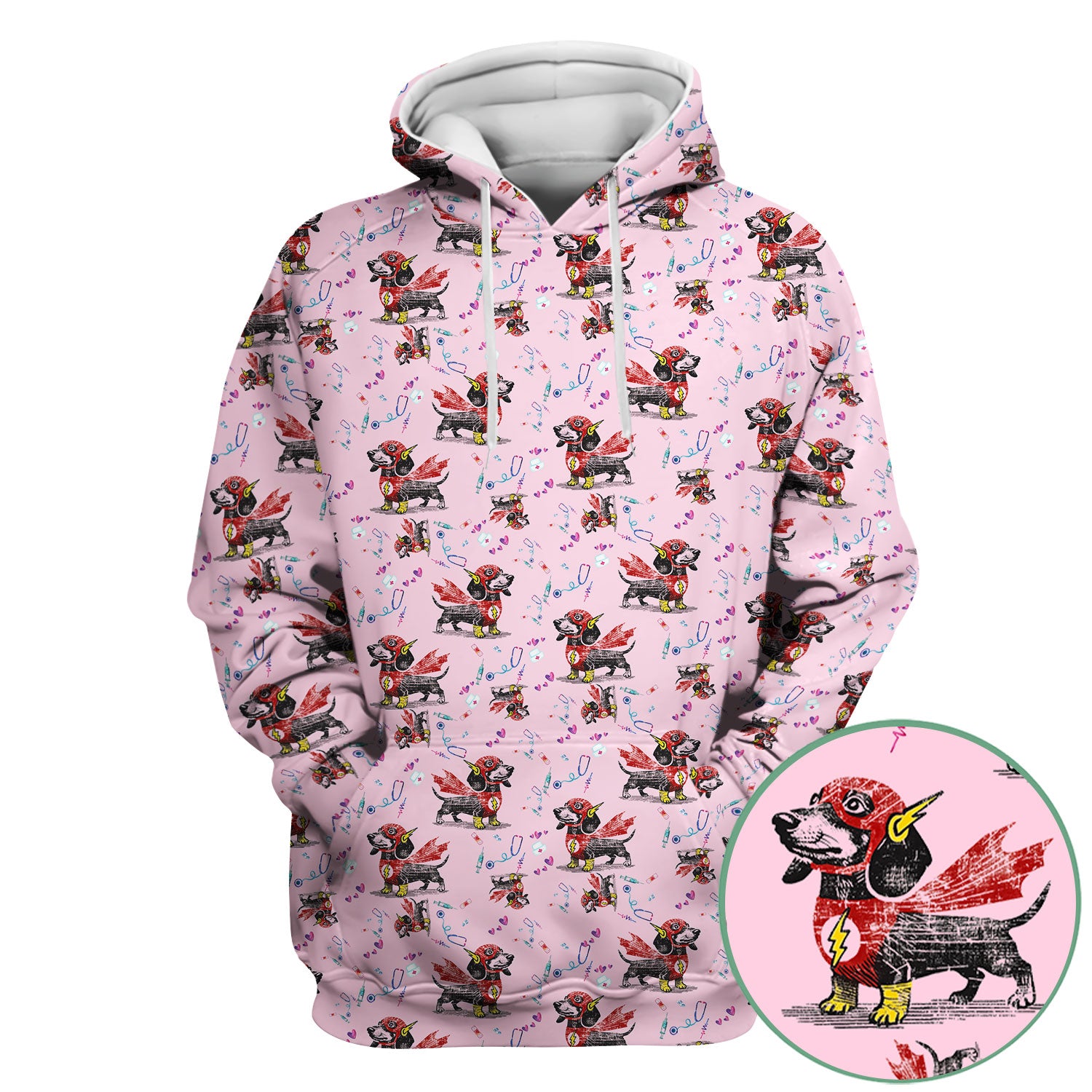 Dachshund Hero Scrub Top for Nurses - Super Nurse Funny Flash Dog Print Medical Uniform Shirt - Cute Sausage Dog Gift for RN CNA LPN