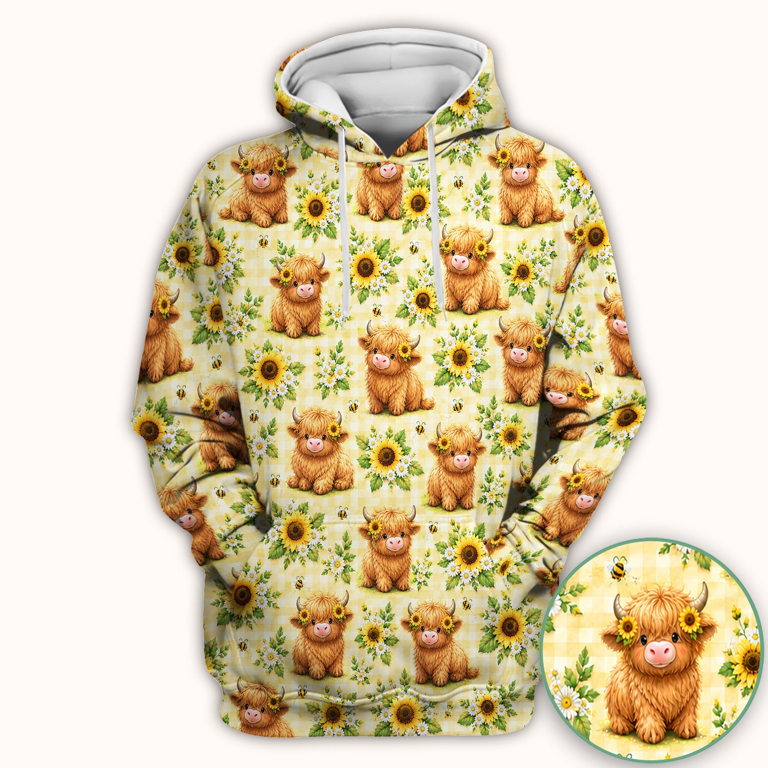 Sunflower Highland Cow And Bee Pattern Scrub Top, Comfortable Scrubs for Nurses