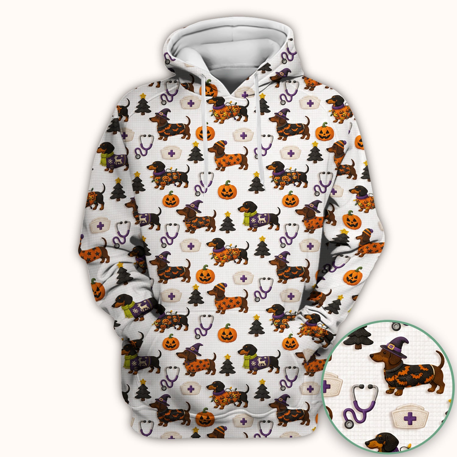 Halloween Dachshund with Pumpkin Stethoscope Print Scrub Top, Comfortable Scrubs for Nurses