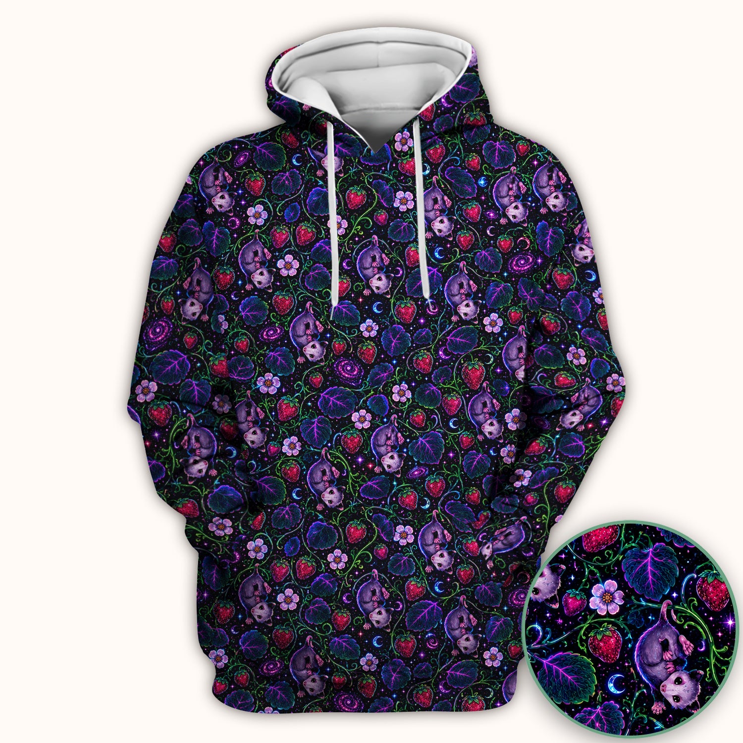 Galaxy Strawberry Opossum Pattern Scrub Top for RN, CNA, Veterinary Staff, Cat Lover Uniform