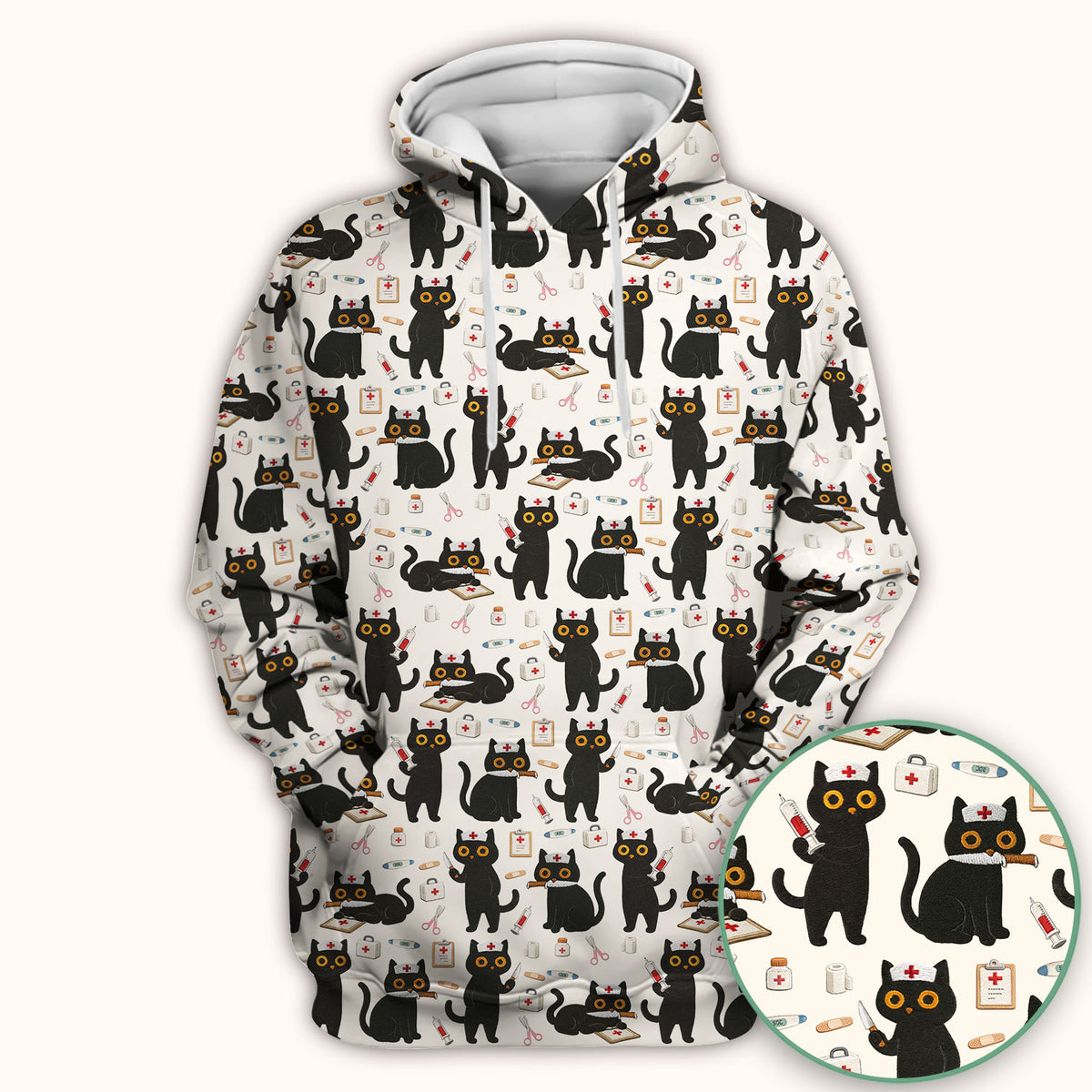 Cute Black Cat Nurse Pattern Scrub Top, Comfortable Scrubs for Nurses