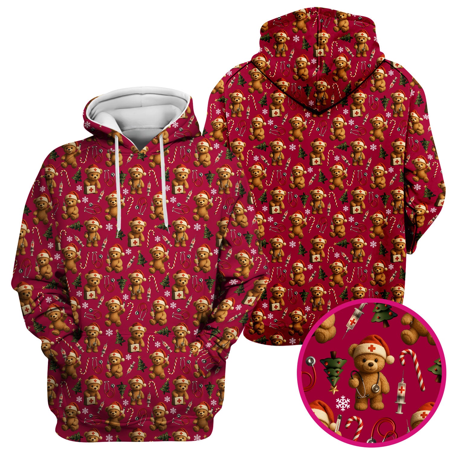 Teddy Bear Christmas Scrubs for Women - Cute Nurse Bear Pattern Medical Scrub Top - Holiday Christmas Scrubs with Fun Festive Design