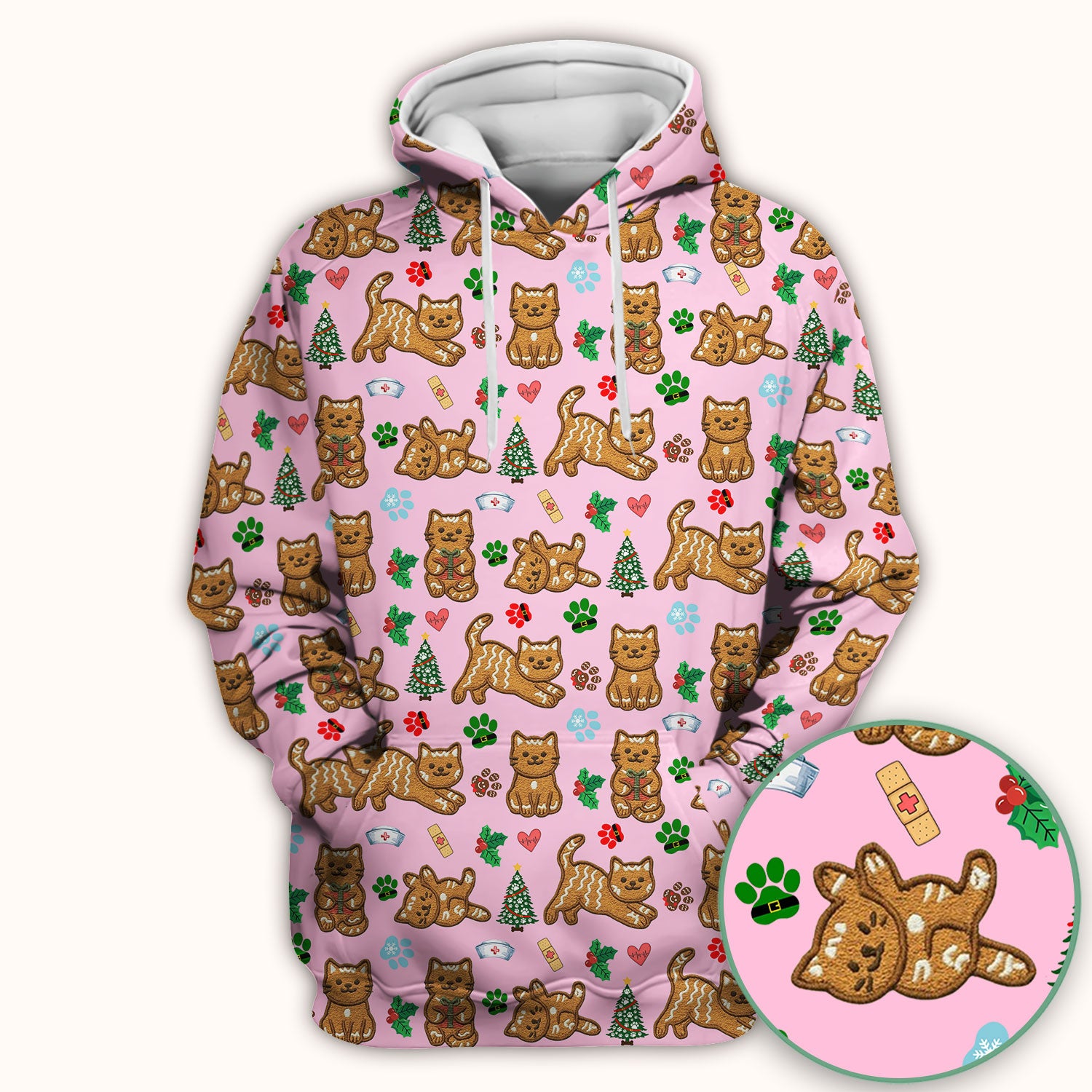 Gingerbread Cat Christmas Scrub Top, Cute Holiday Kitty Medical Uniform Shirt For Nursing, Festive Nurse Pattern