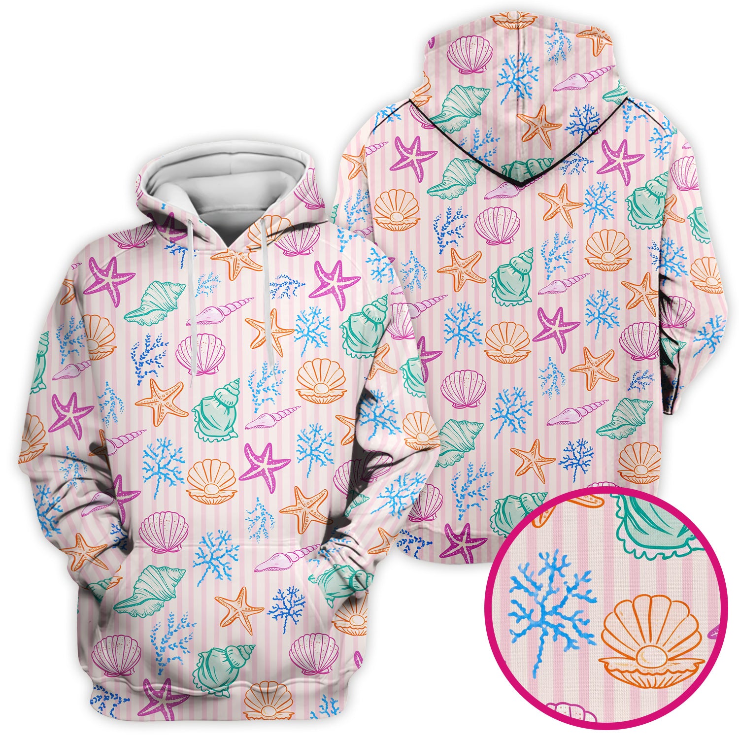 Colorful Seashell Starfish Ocean Stripe Pattern Scrub Top, Breathable Fabrics Nursing Uniform