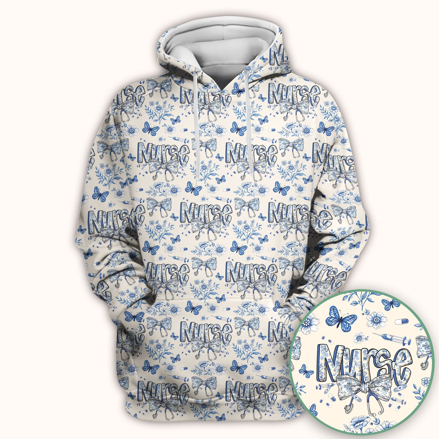 Blue Nurse Letter Bow Butterfly Floral Print Scrub Top, Comfortable Scrubs for Nurses