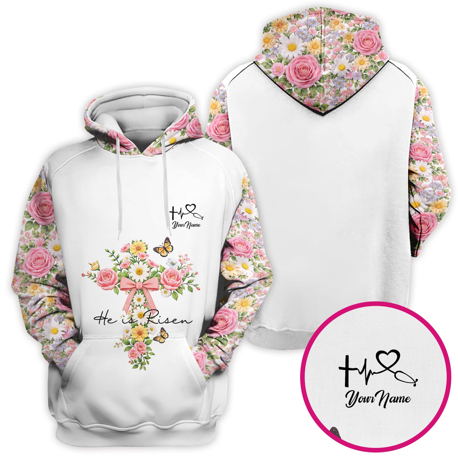 Personalized Meaningful Easter Nurse He Is Risen Floral Cross Bow Pattern Scrub Top, Comfortable Scrubs for Nurses