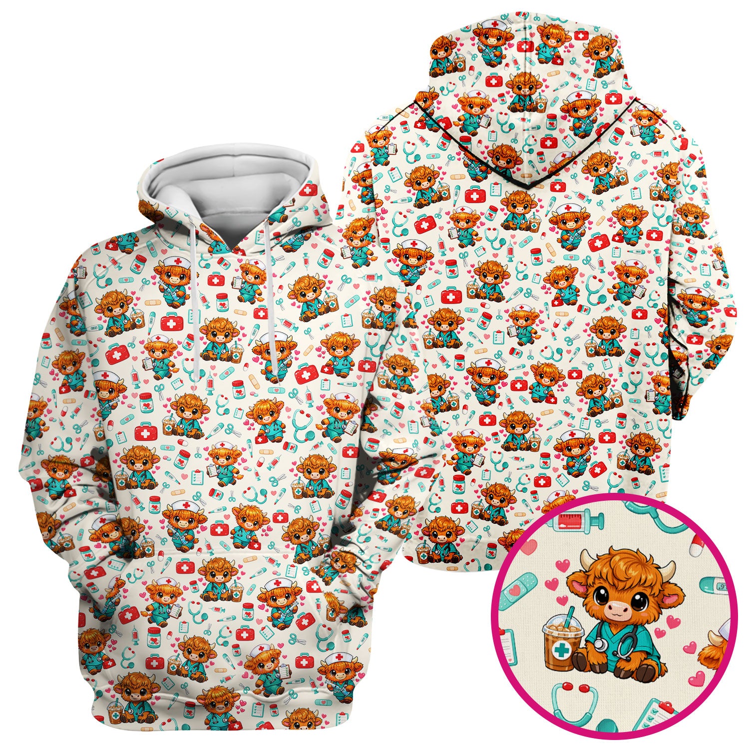 Cute Highland Cow Nurse Scrub Top, Kawaii Medical Pattern Shirt, Breathable Fabrics Nursing Uniform