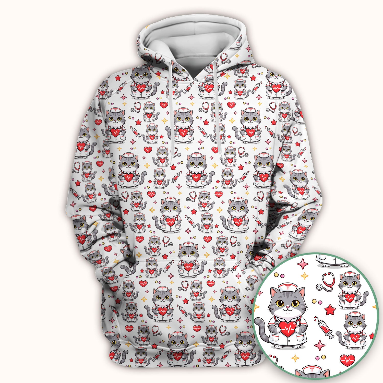 Cute Nurse Cat Heart Medical Print Scrub Top, Comfortable Scrubs for Nurses
