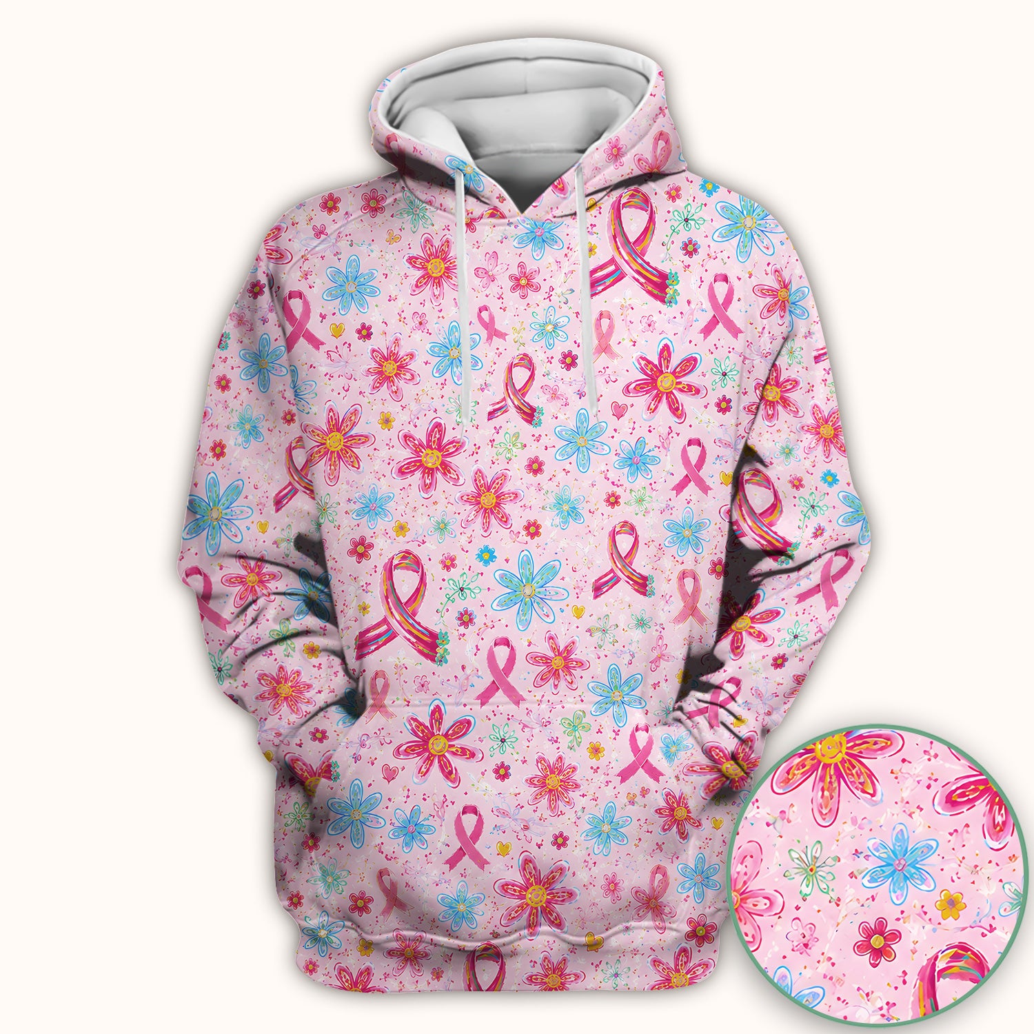 Floral Breast Cancer Awareness Print Scrub Top, Comfortable Scrubs for Nurses