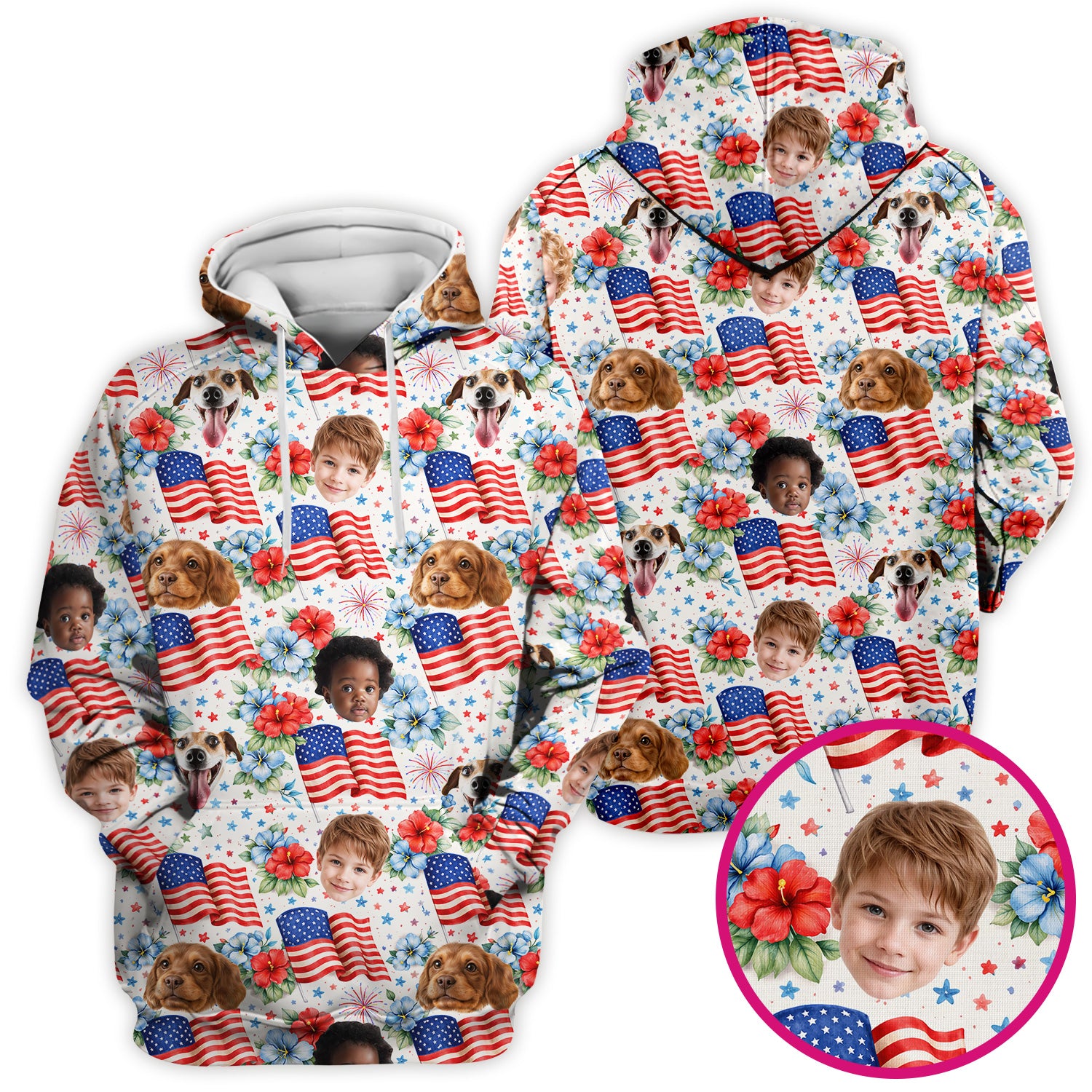 Custom Photo Patriotic Kids & Pet Faces Flag Nurse Scrub Top, Breathable Fabrics Nursing Uniform