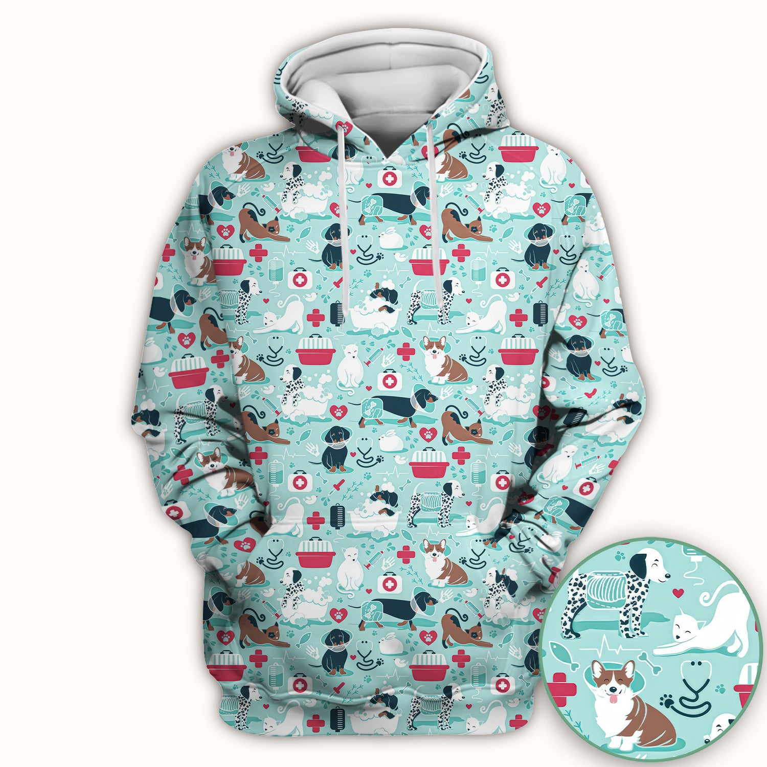Dogs With Veterinary Tools And Paw Print Scrub Top, Breathable Fabrics Nursing Uniform