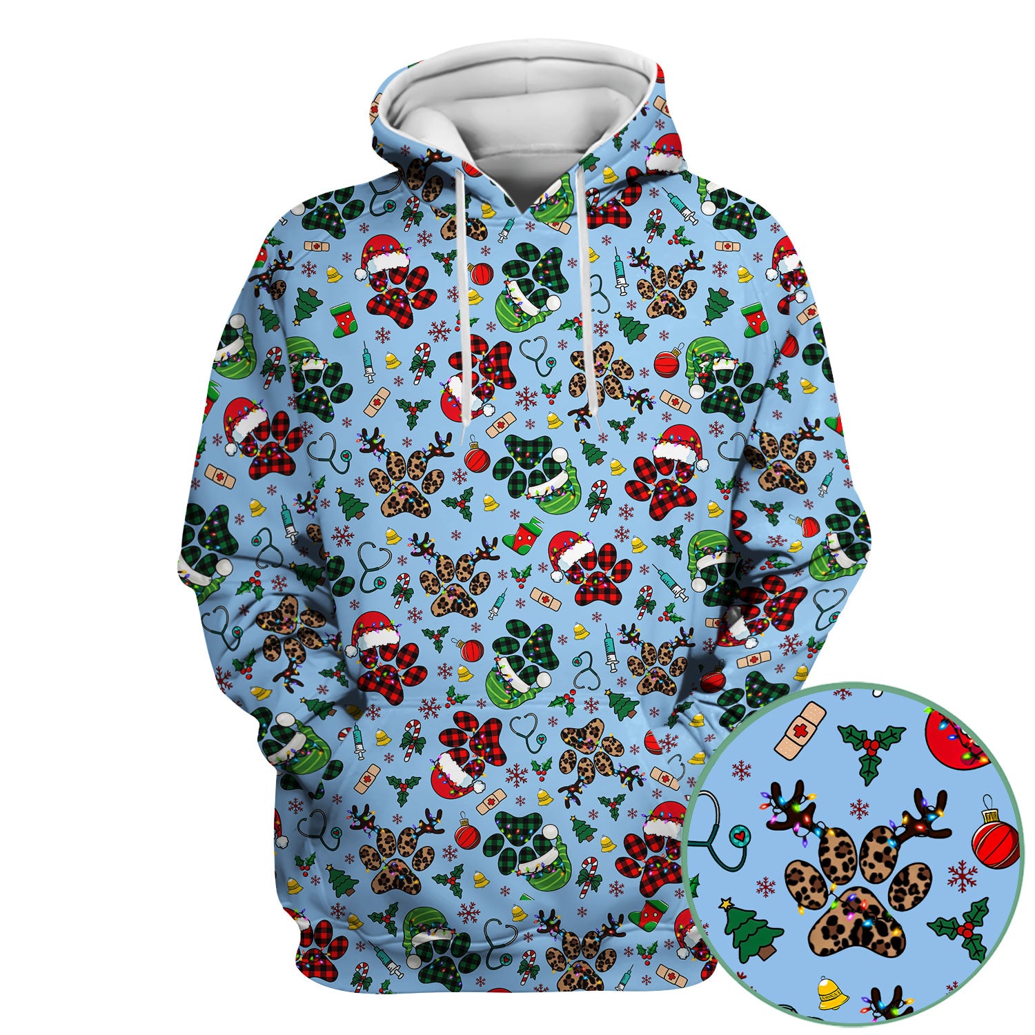 Christmas Paw Print Scrub Top for Nurses - Cute Leopard Holiday Pattern - Funny Festive Medical Uniform Gift