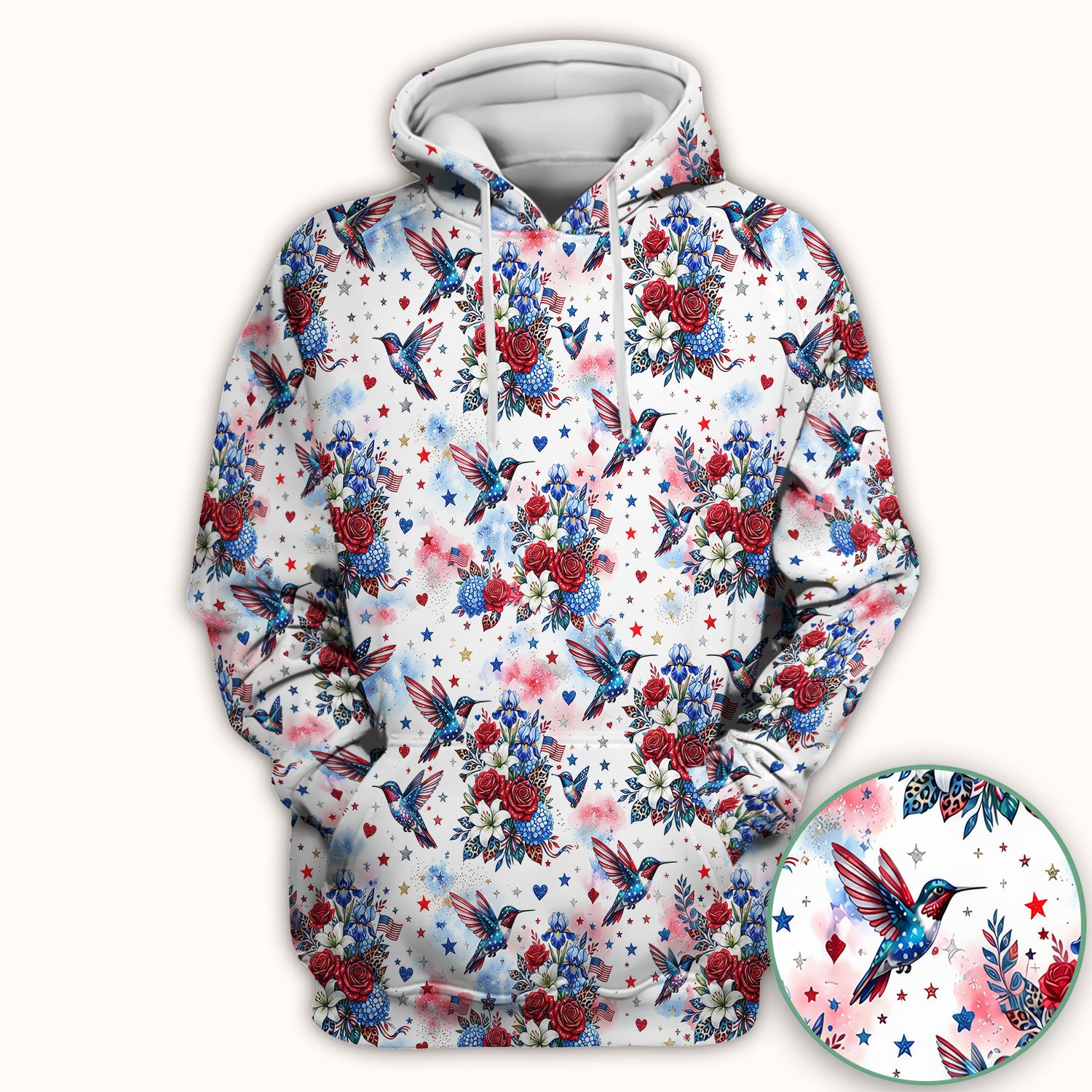Patriotic Hummingbird Floral Bouquet Pattern Scrub Top, Comfortable Scrubs for Nurses