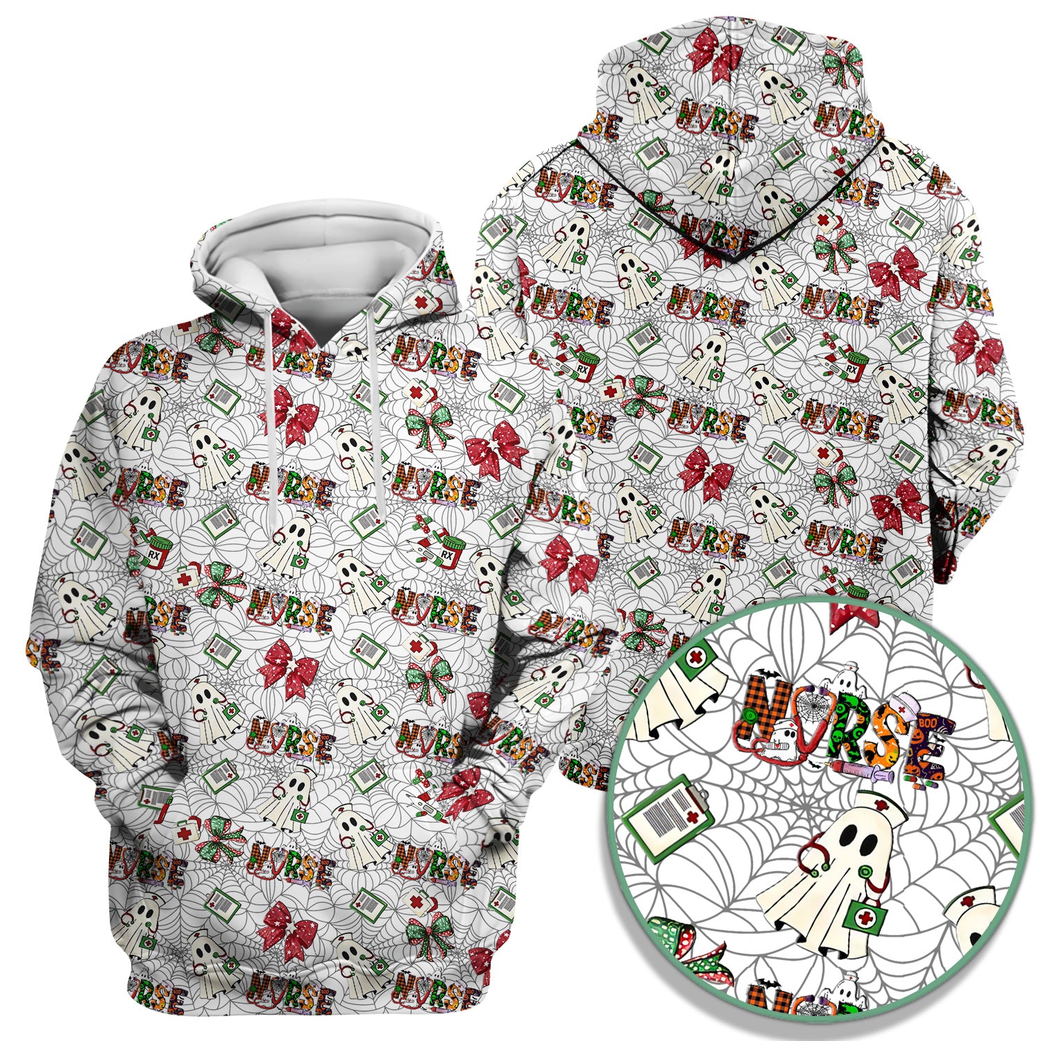 Halloween Nurse Scrub Top for Women - Cute Ghost and Spider Web Scrub Shirt Multi Color - Funny Nursing Work Shirt with Pockets