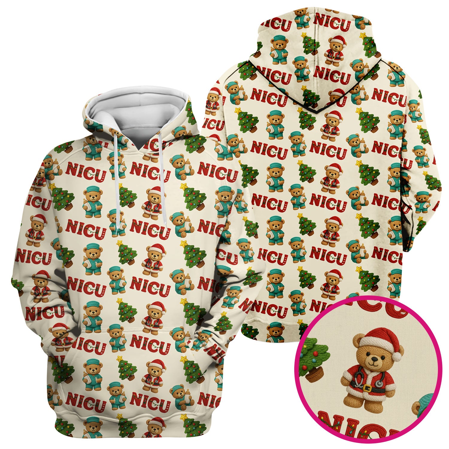 Festive Christmas NICU Nurse Teddy Bear Pattern, Breathable Fabrics Nursing Uniform