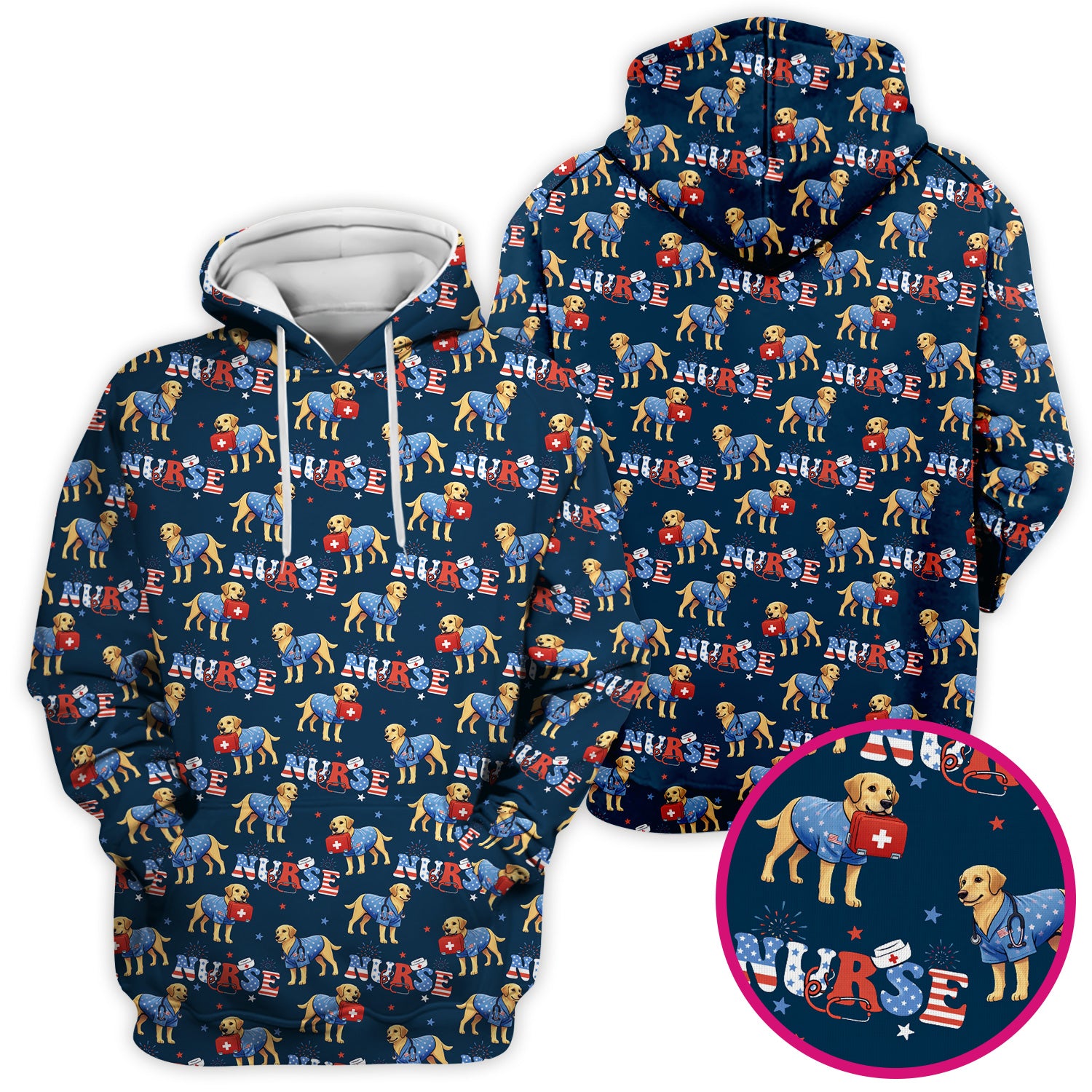 Patriotic Nurse Dog Medical Pattern Scrub Top, Breathable Fabrics Nursing Uniform