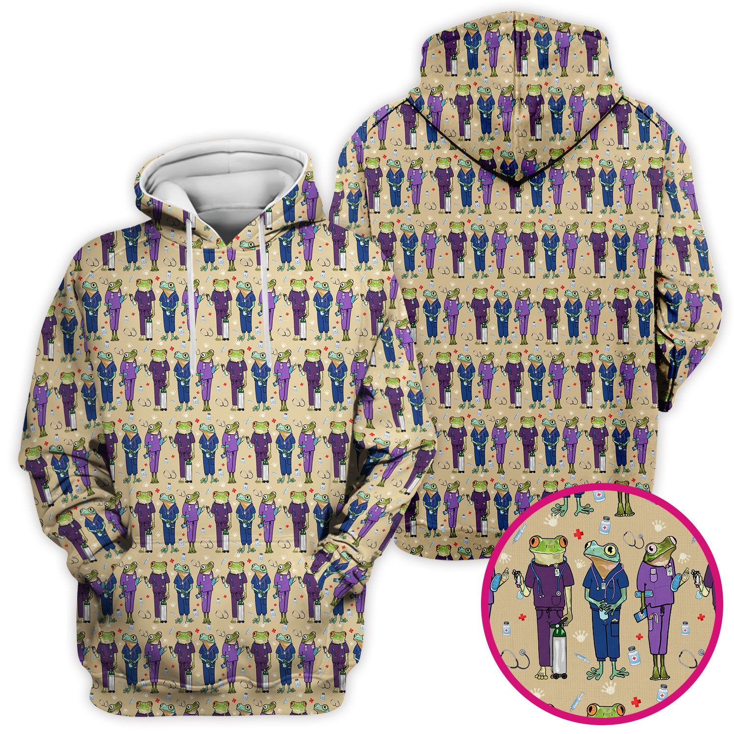 Funny Frog Nurse Pattern Scrub Top, Breathable Healthcare Uniform Top