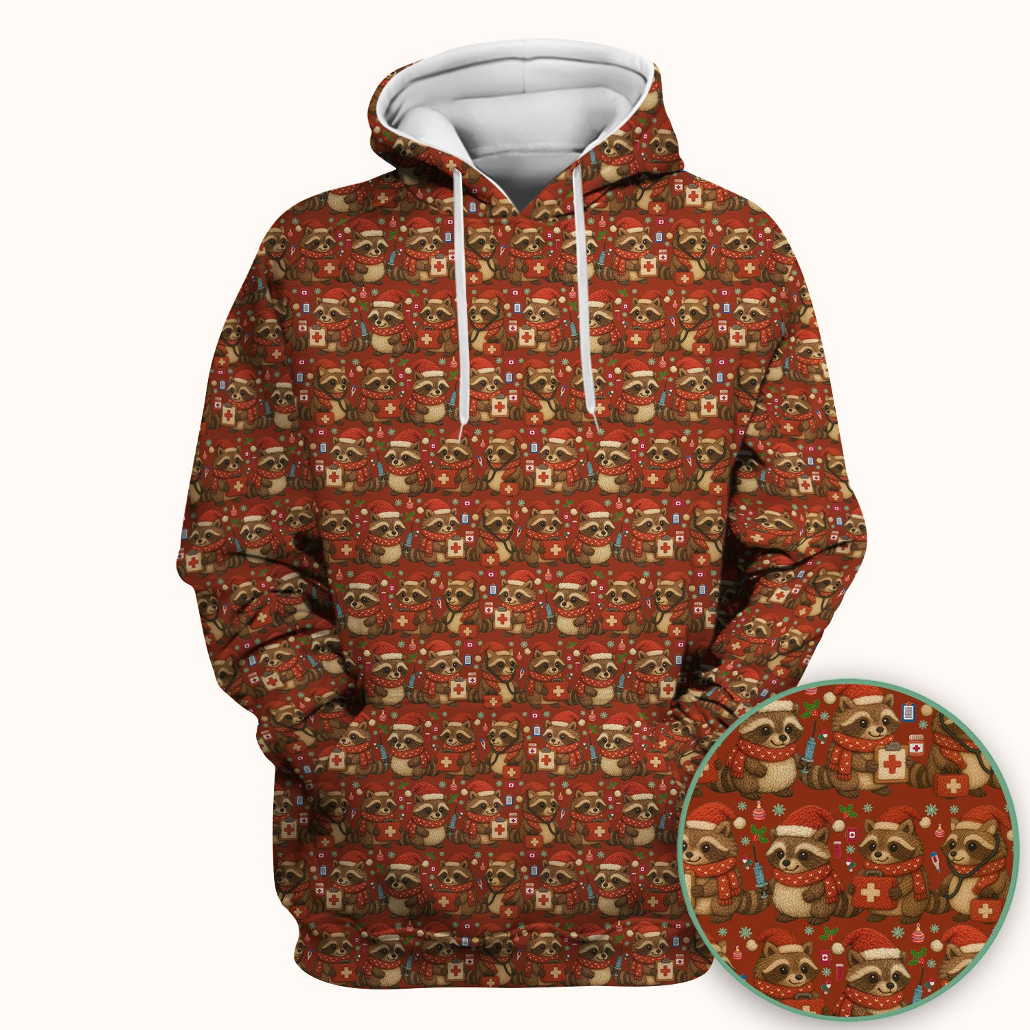 Christmas Scrub Top – Nurse Raccoon Pattern Shirt – Cute Medical Uniform For Nursing