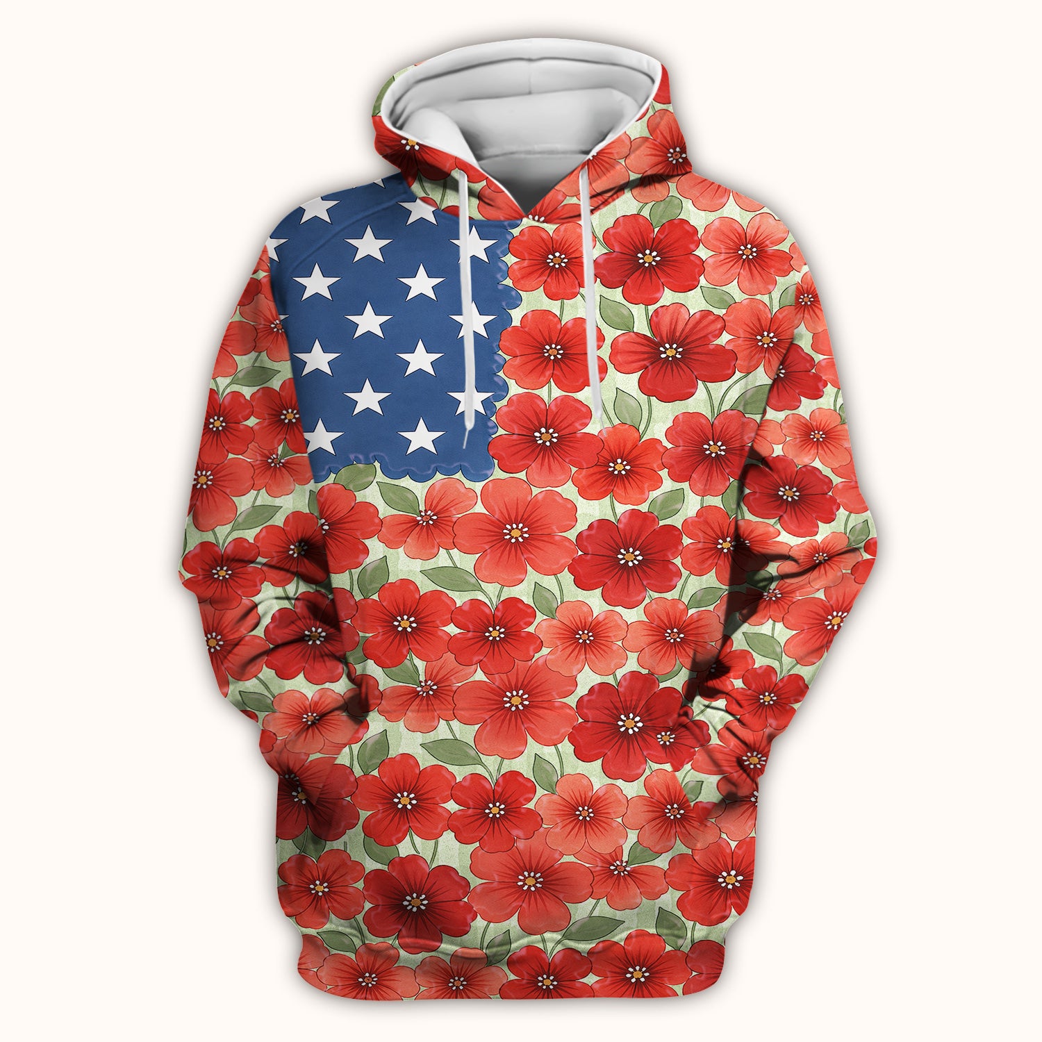 Patriotic USA Flag With Red Floral Blossom Pattern Scrub Top, Comfortable Scrubs for Nurses