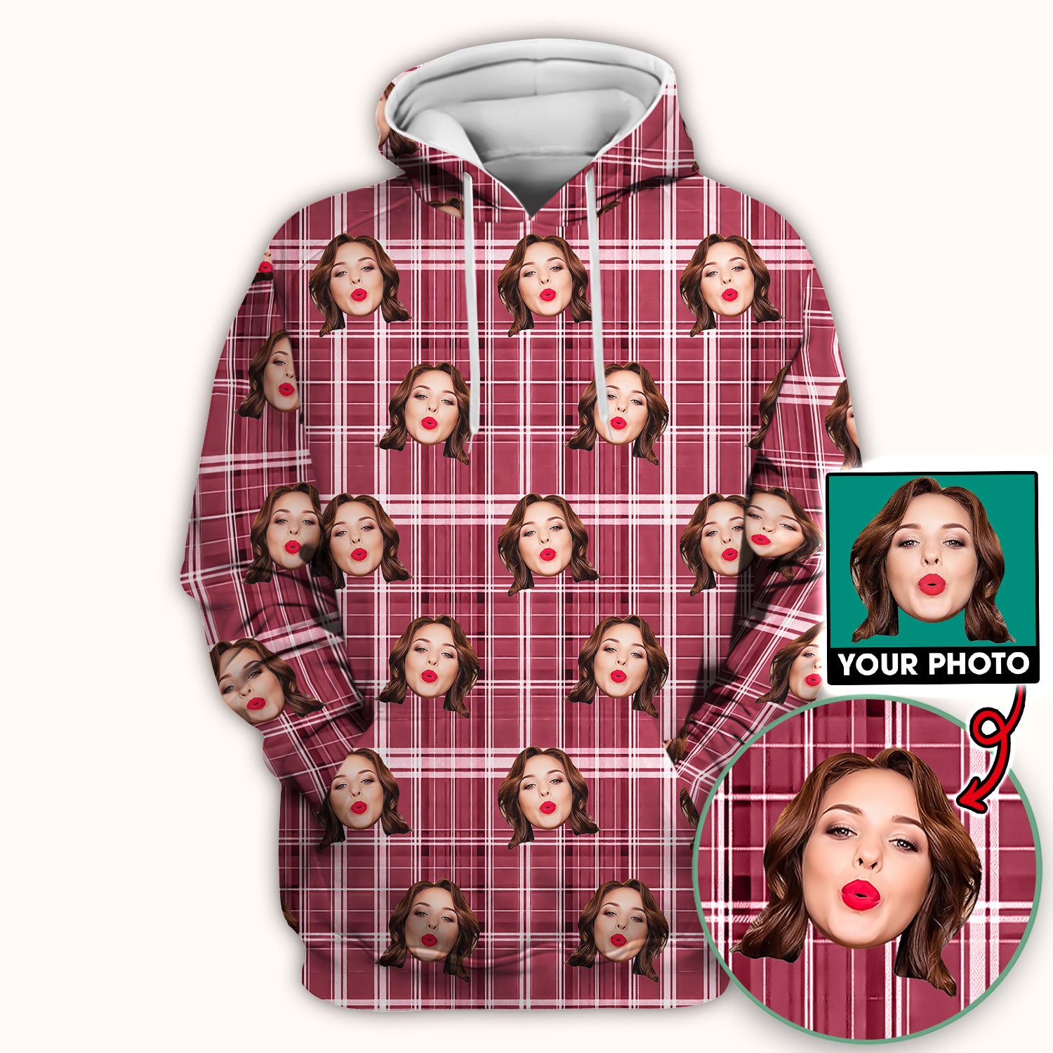 Personalized Funny Face Plaid Scrub Top, Custom Photo Pattern Medical Shirt, Breathable Fabrics Nursing Uniform