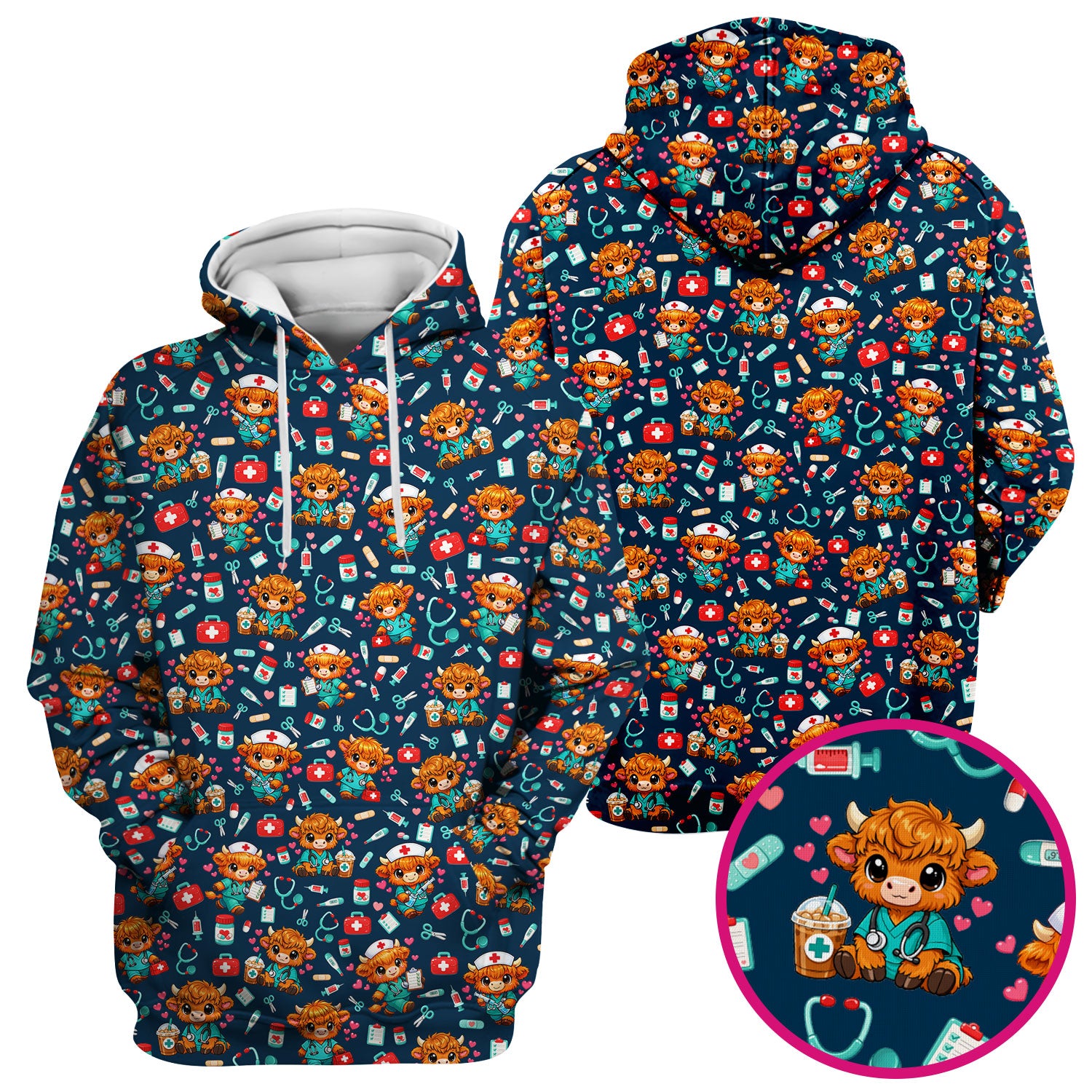 Cute Highland Cow Nurse Scrub Top, Kawaii Medical Pattern Shirt, Breathable Fabrics Nursing Uniform