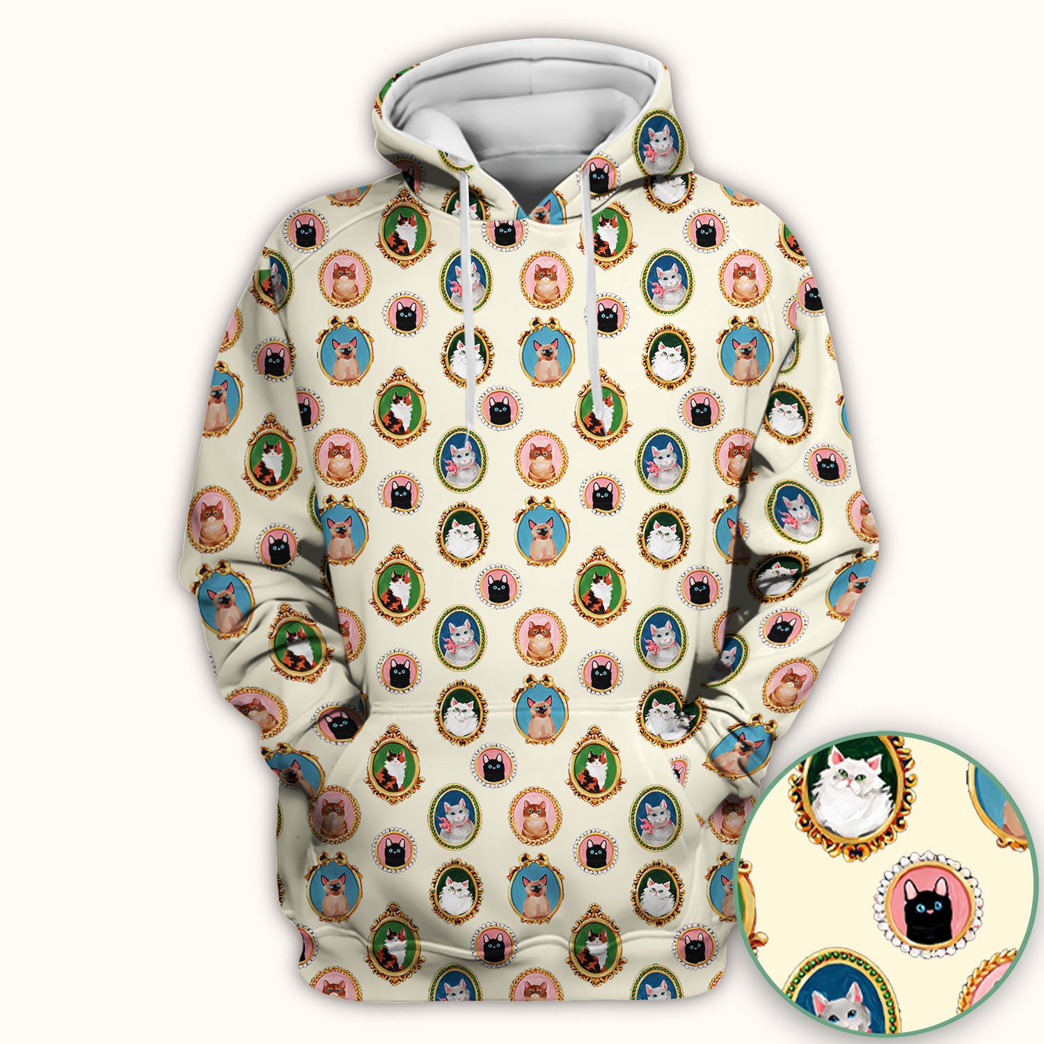Vintage Cat Portrait Pattern Scrub Top, Breathable Medical Uniform Top