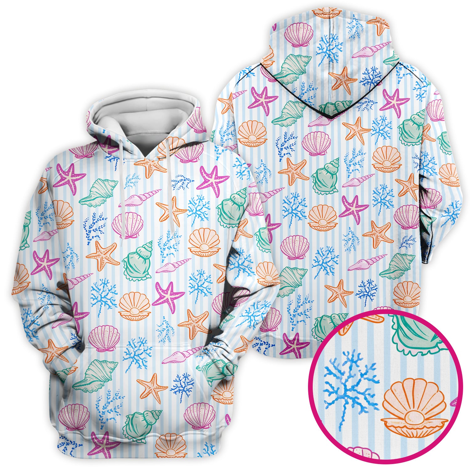 Colorful Seashell Starfish Ocean Stripe Pattern Scrub Top, Breathable Fabrics Nursing Uniform