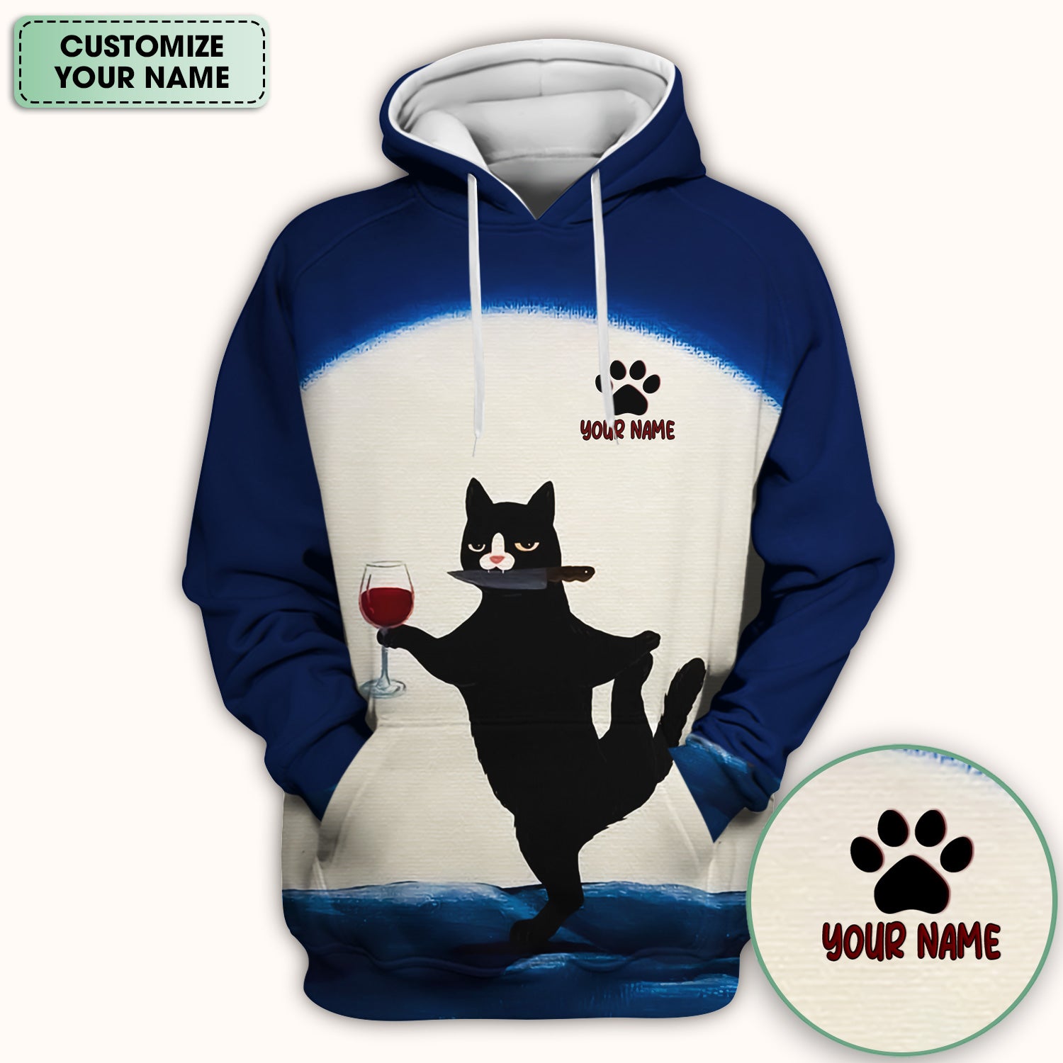 Personalized Funny Cat Holding Wine Glass Knife Pose Pattern Scrub Top, Comfortable Scrubs for Nurses