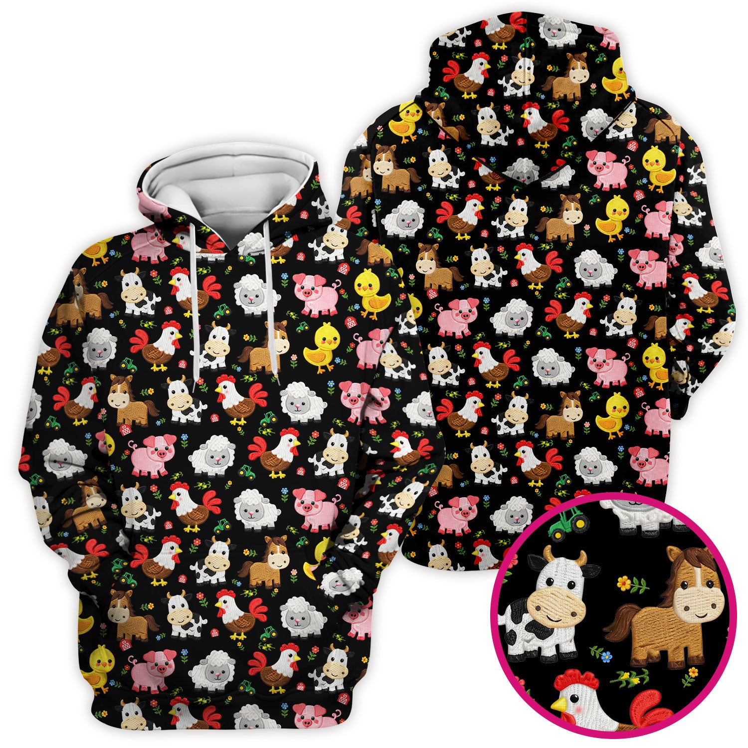 Cartoon Farm Animal Pattern Scrub Top, Breathable Fabrics Nursing Uniform