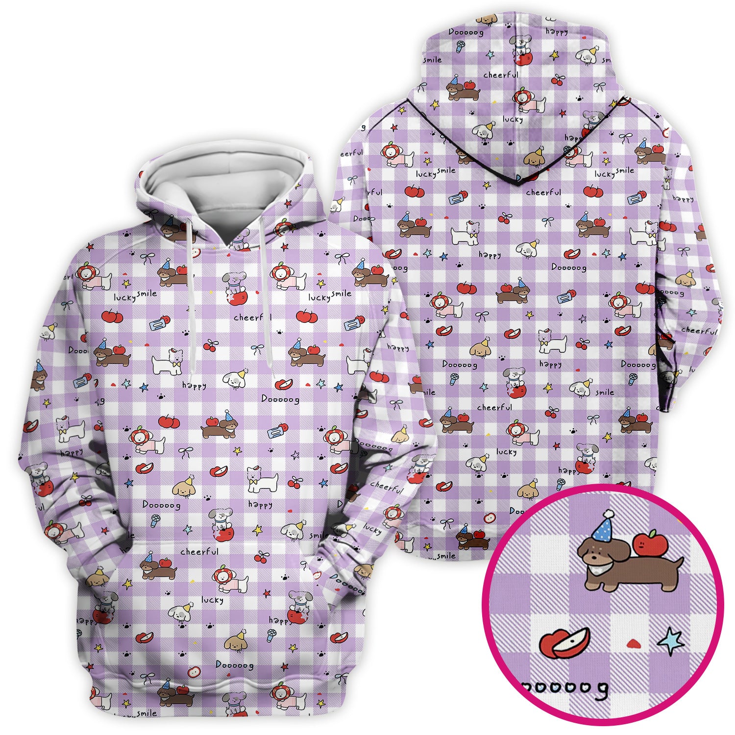 Cute Nurse Cartoon Puppy Apple Gingham Scrub Top, Breathable Fabrics Nursing Uniform