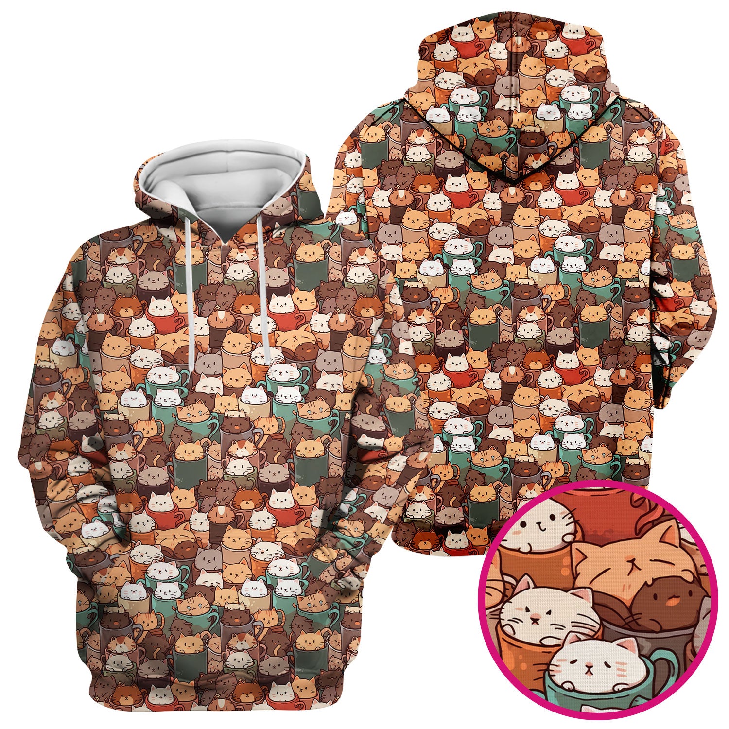 Cute Coffee Cat Scrub Top, Cozy Kittens in Mug Pattern Nurse Shirt, Breathable Fabrics Nursing Uniform