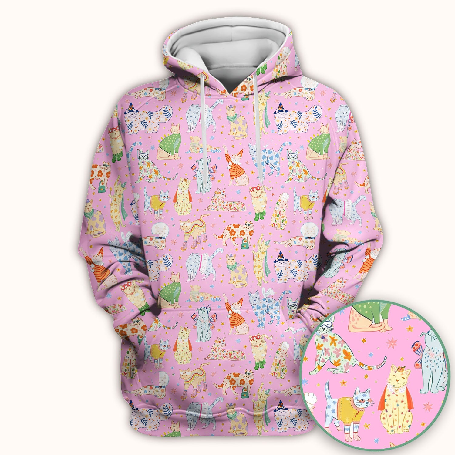 Colorful Pastel Cartoon Cats Print Scrub Top, Breathable Fabrics Nursing Uniform